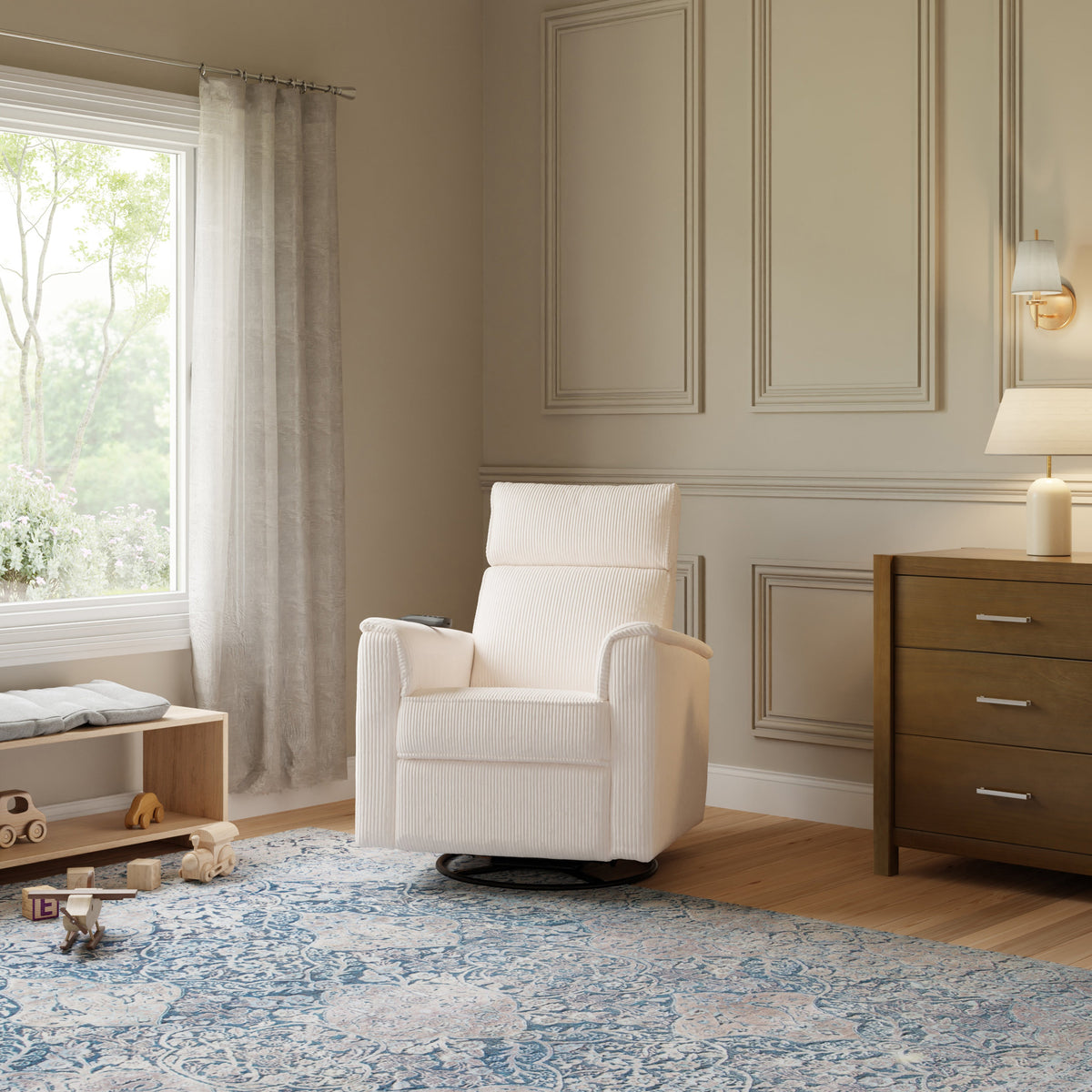 Monogram by Namesake Willa Deluxe Power Recliner and Swivel Glider with Heat + Massage | Ivory Corduroy