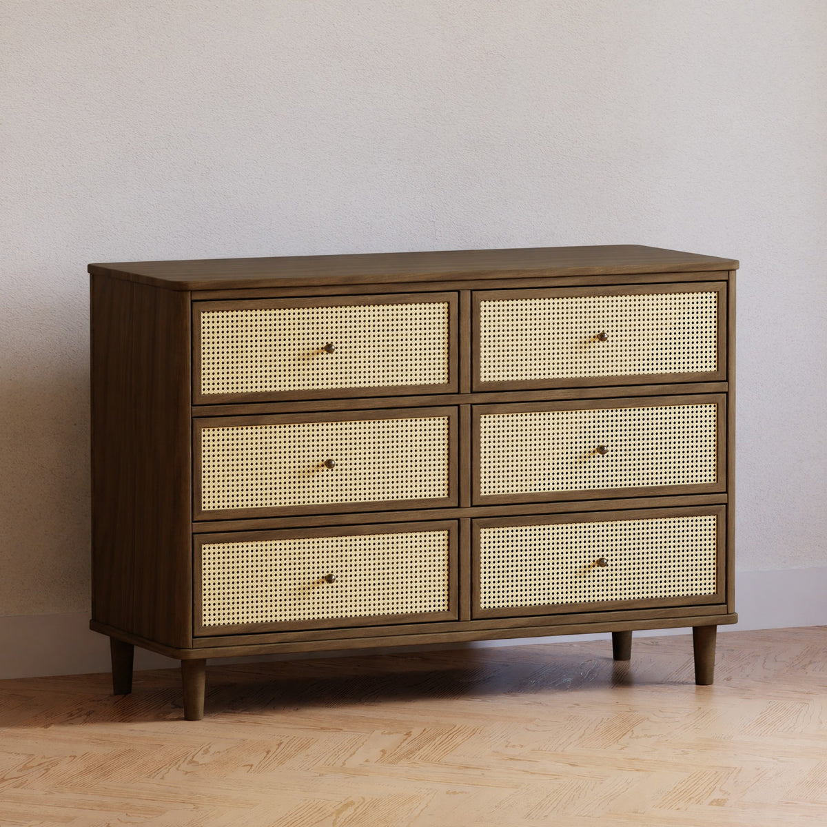 M23716NLBC,Namesake,Marin with Cane 6 Drawer Assembled Dresser in Natural Walnut and Blonde Cane