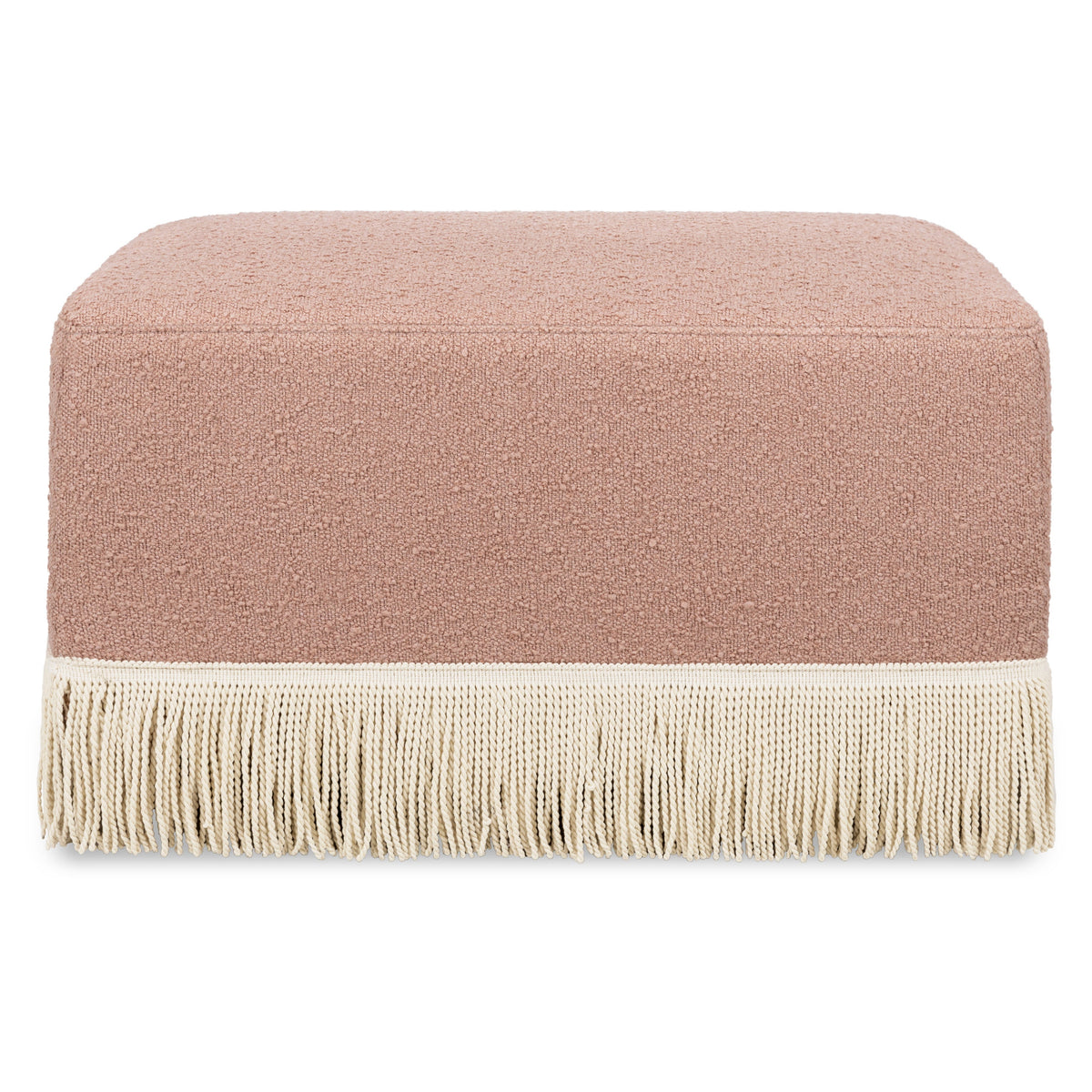 M21785RSBIF,Namesake,Crawford Gliding Ottoman in Rose Boucle with Ivory Tassel Fringe