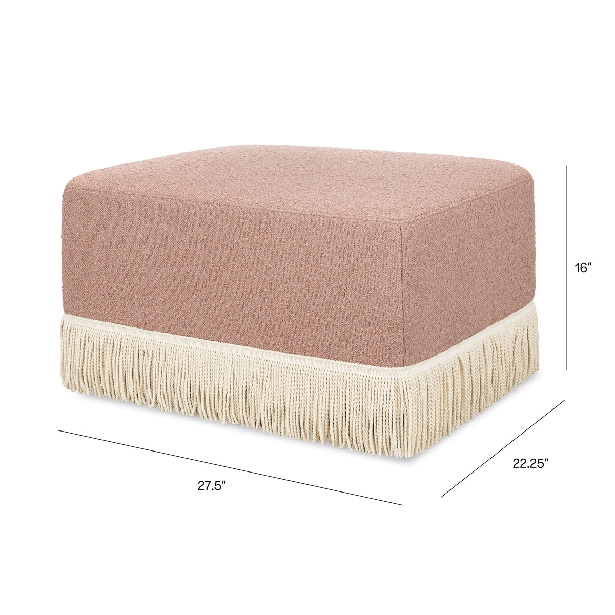 M21785RSBIF,Namesake,Crawford Gliding Ottoman in Rose Boucle with Ivory Tassel Fringe