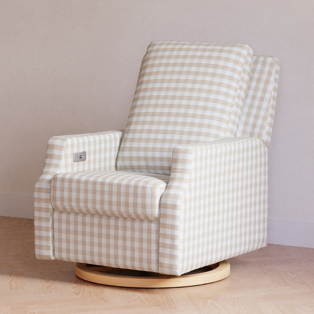 M22286TGHLB,Namesake,Crewe Electronic Swivel Glider Recliner in Tan Gingham with Light Wood Base