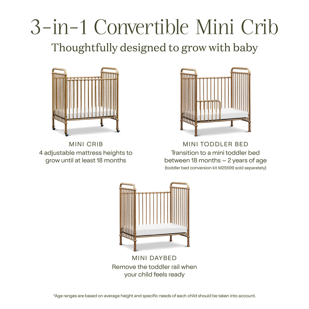 M15598VG,Namesake,Abigail 3-in-1 Convertible Mini Crib in Vintage Gold