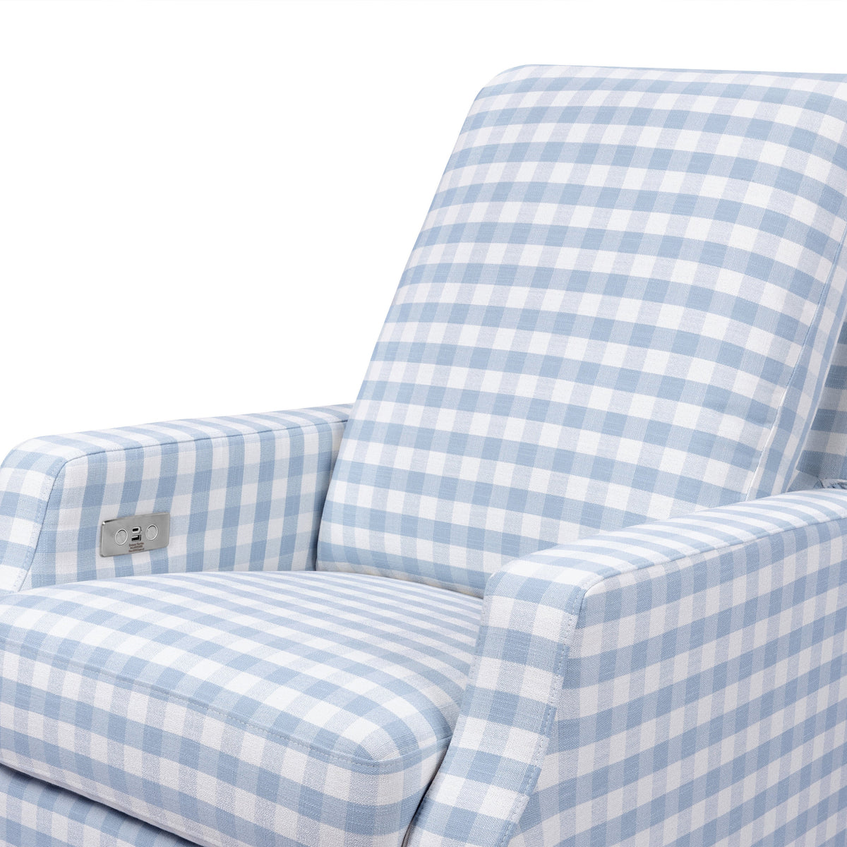 M22286BGHLB,Namesake,Crewe Electronic Swivel Glider Recliner in Blue Gingham with Light Wood Base