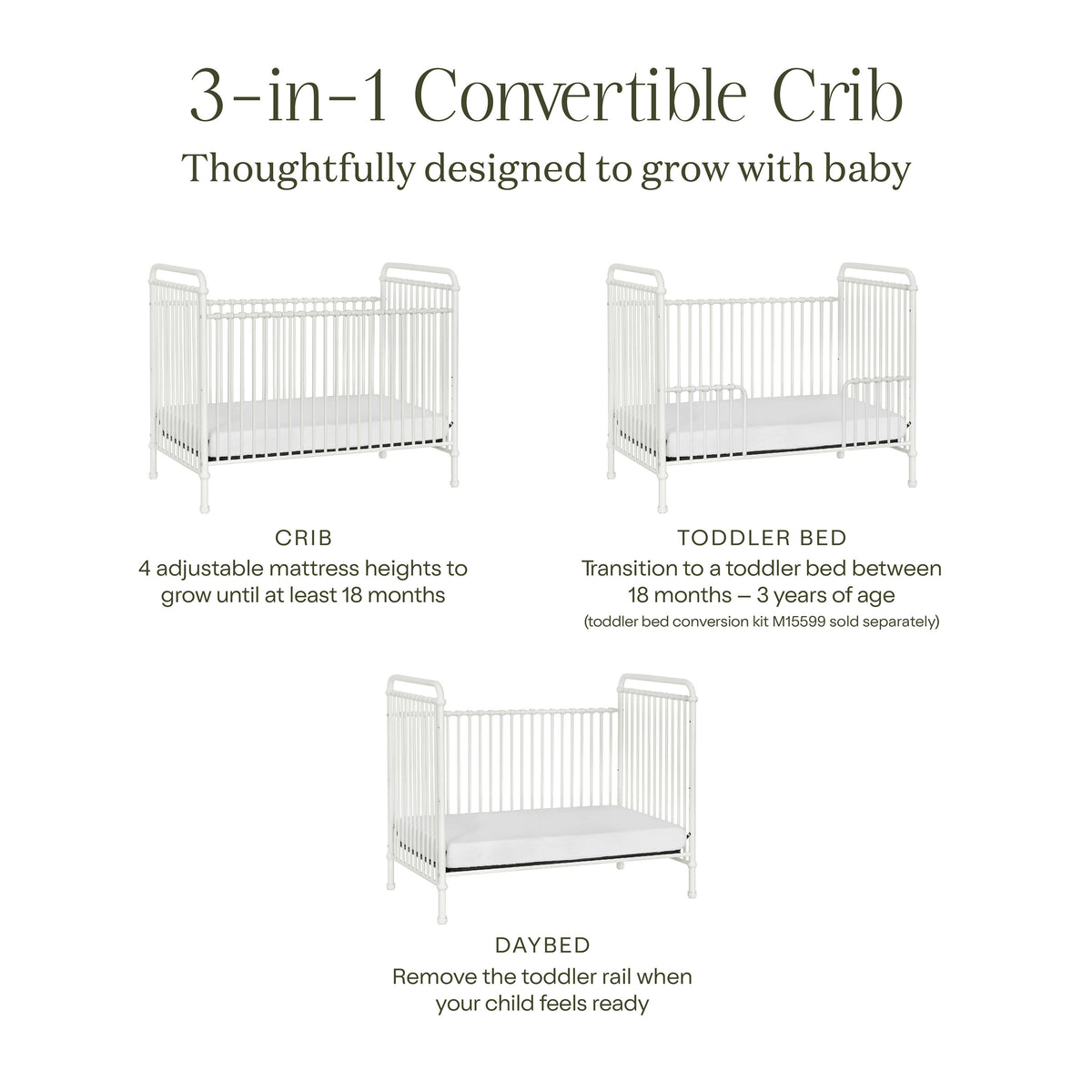 B15501WX,Namesake,Abigail 3-in-1 Convertible Crib in Washed White