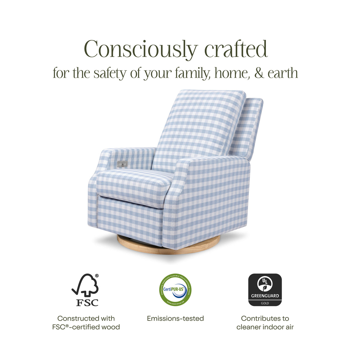 M22286BGHLB,Namesake,Crewe Electronic Swivel Glider Recliner in Blue Gingham with Light Wood Base