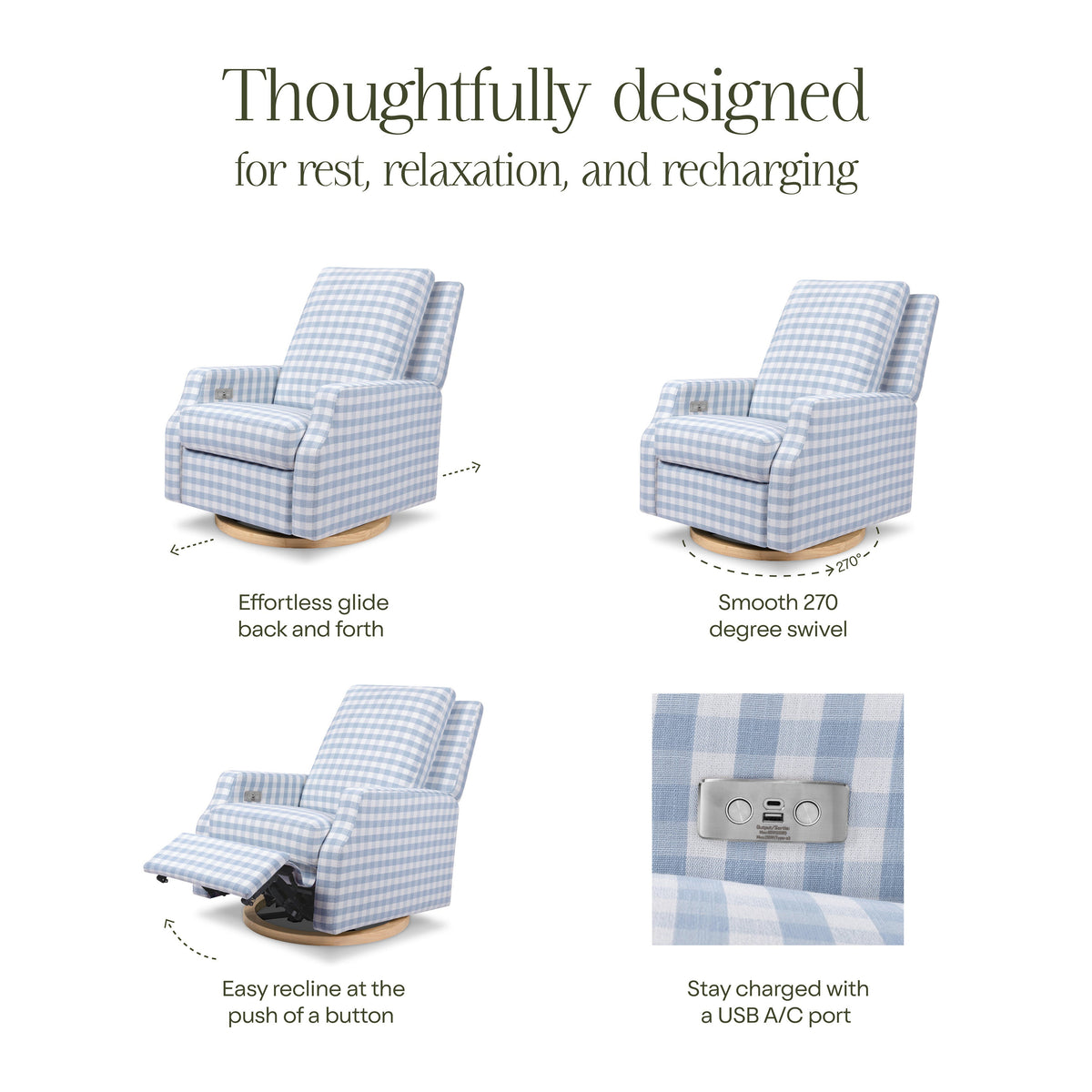 M22286BGHLB,Namesake,Crewe Electronic Swivel Glider Recliner in Blue Gingham with Light Wood Base
