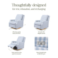 M22286BGHLB,Namesake,Crewe Electronic Swivel Glider Recliner in Blue Gingham with Light Wood Base