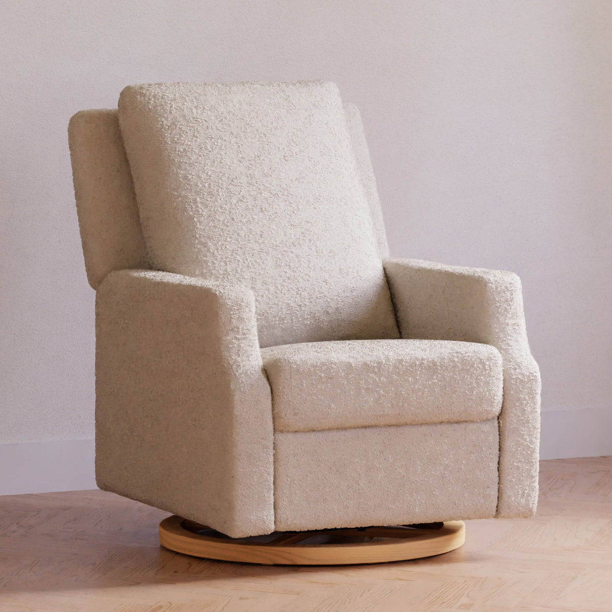 M22286WBLB,Namesake,Crewe Electronic Swivel Glider Recliner in Ivory Boucle w/Light Wood Base