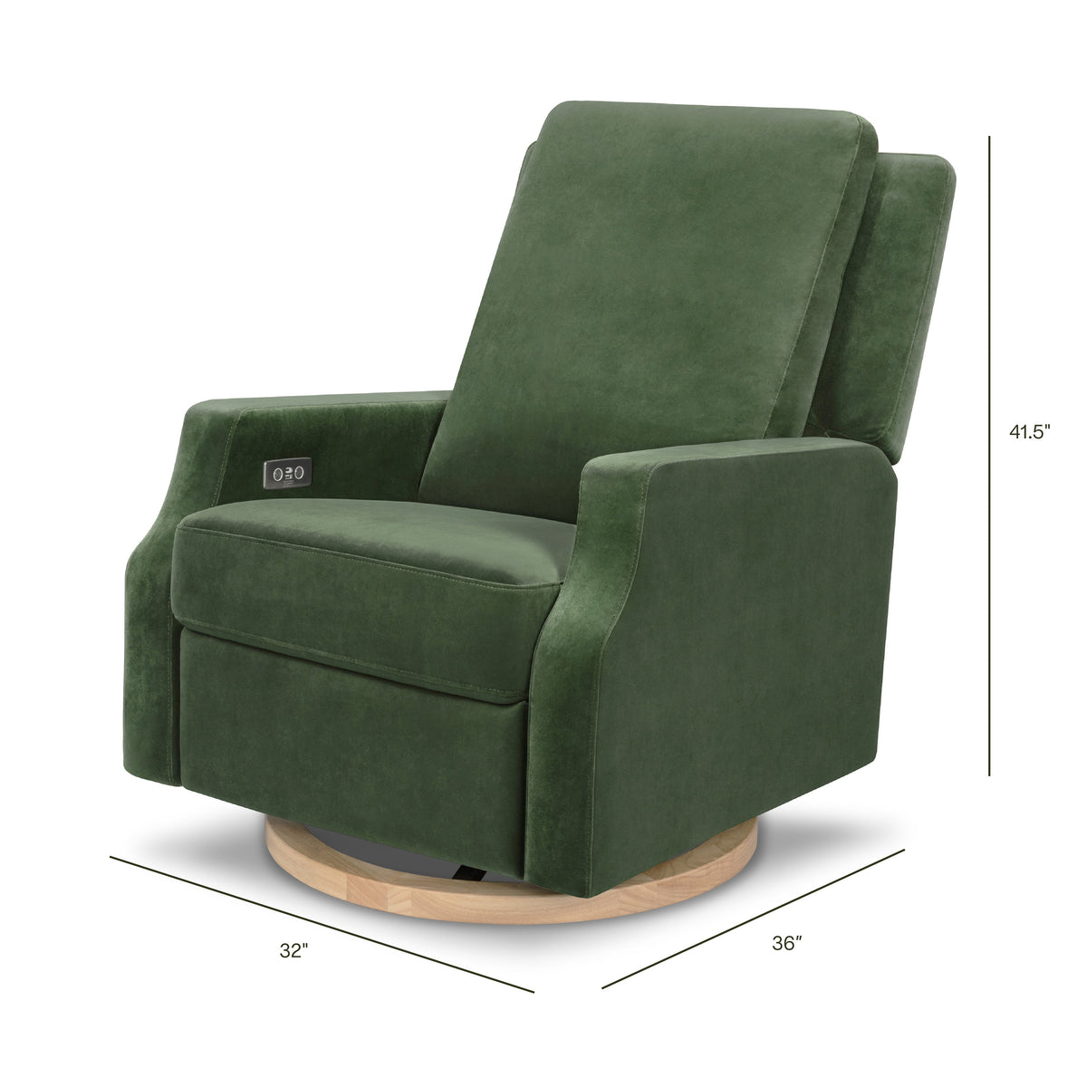 M22286FGVLB,Namesake,Crewe Electronic Swivel Glider Recliner in Forest Green Velvet w/Light Wood Base