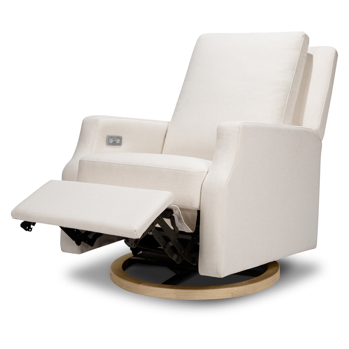M22286PCMEWLB,Namesake,Crewe Electronic Swivel Glider Recliner in Performance Cream Eco-Weave w/Light Wood Base