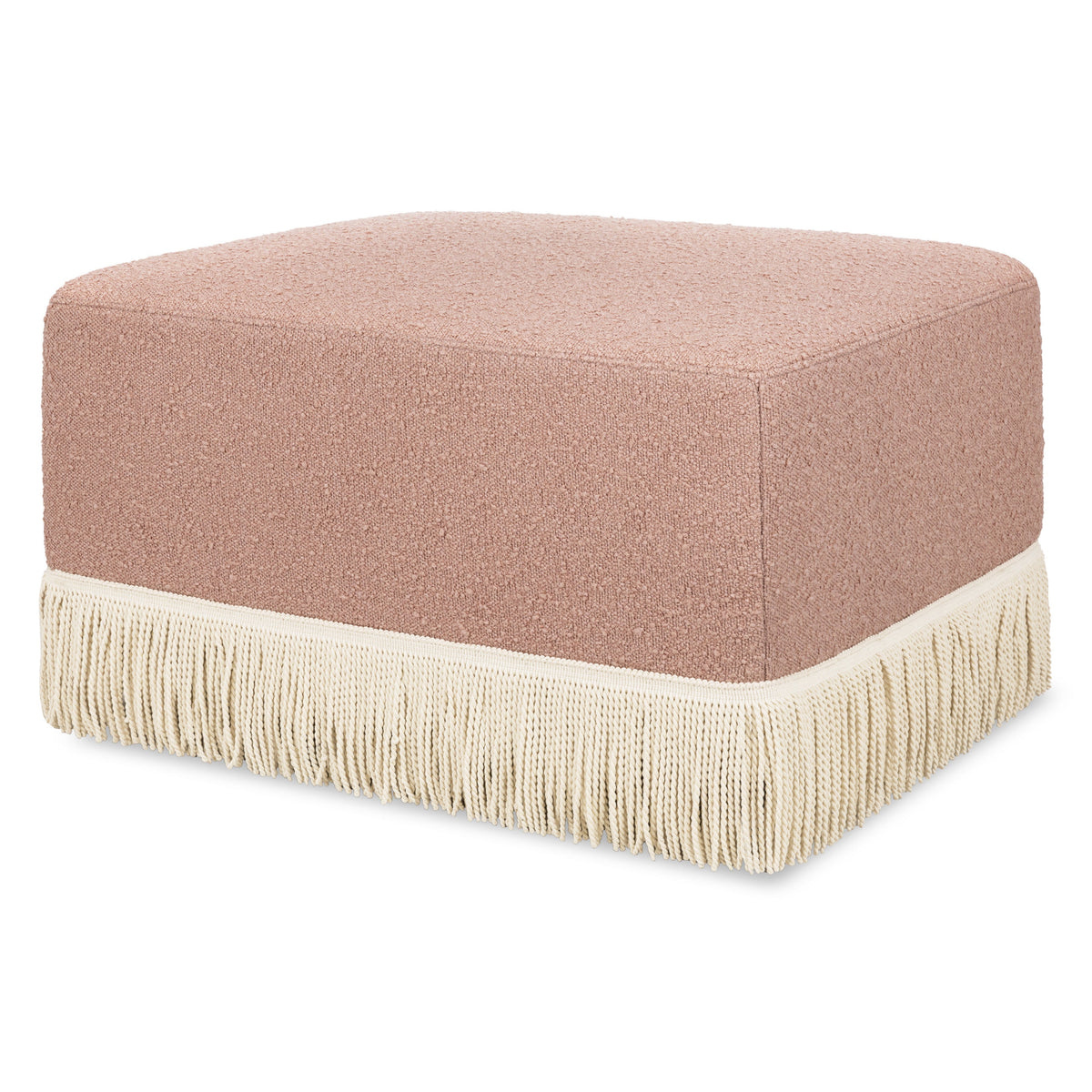 M21785RSBIF,Namesake,Crawford Gliding Ottoman in Rose Boucle with Ivory Tassel Fringe