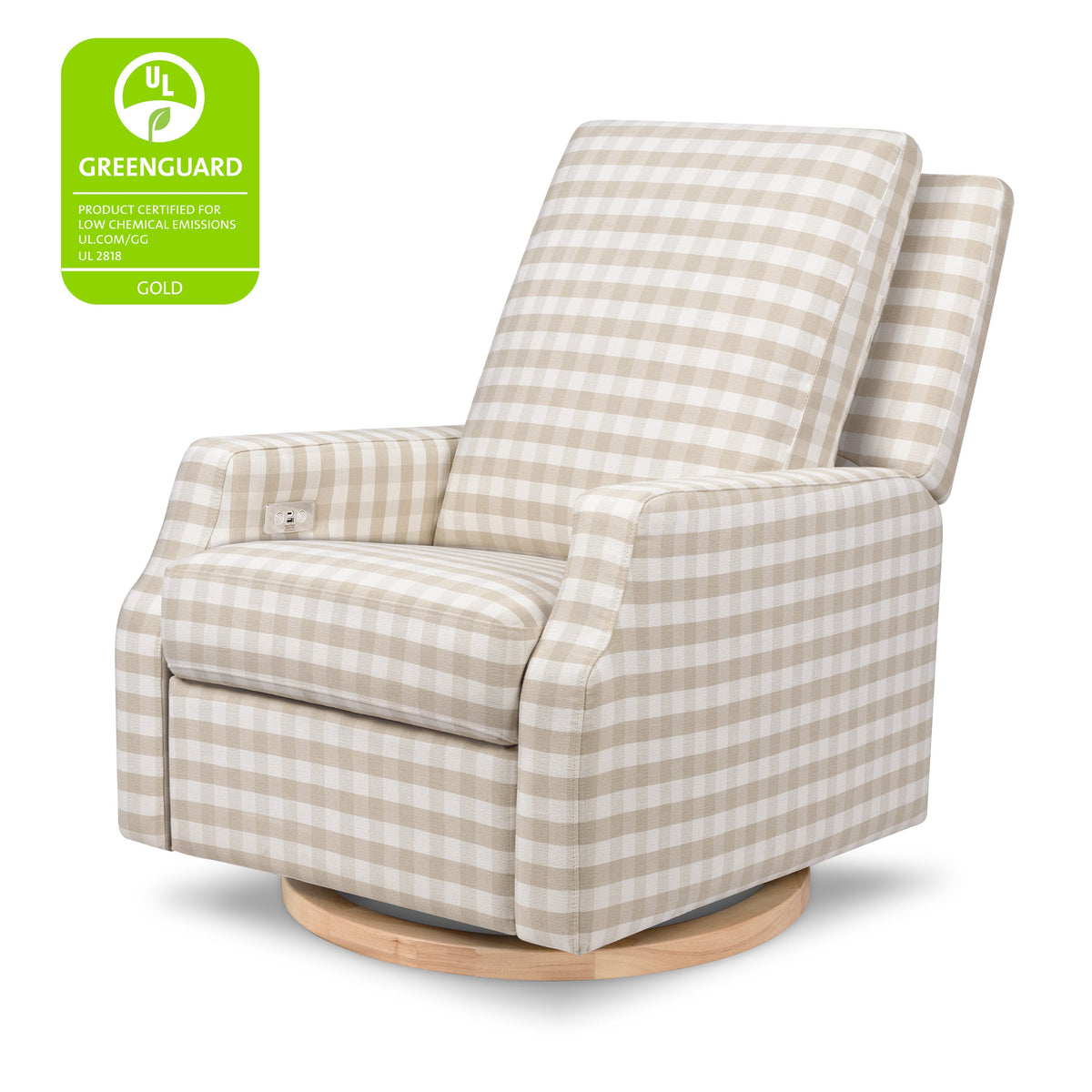 M22286TGHLB,Namesake,Crewe Electronic Swivel Glider Recliner in Tan Gingham with Light Wood Base