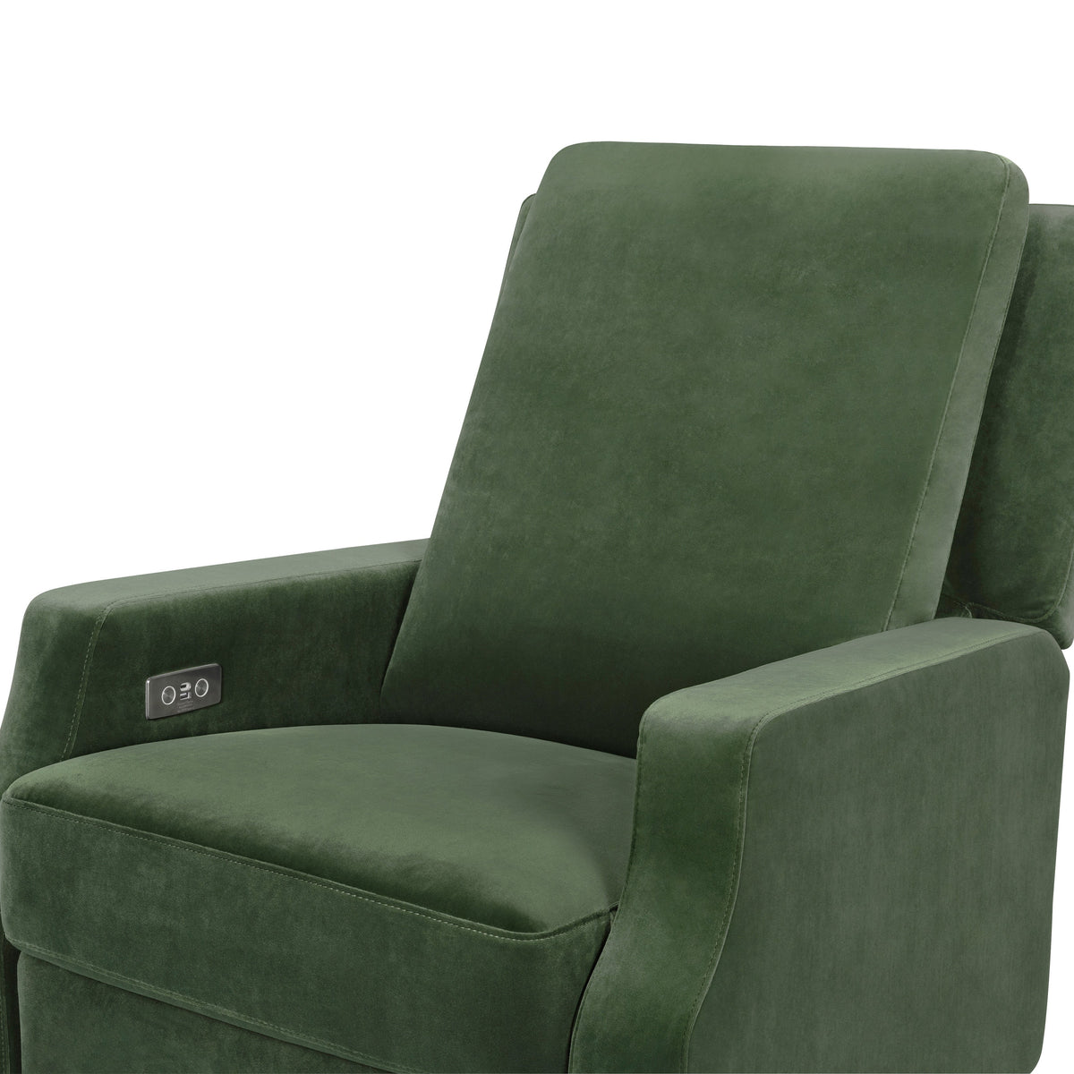 M22286FGVLB,Namesake,Crewe Electronic Swivel Glider Recliner in Forest Green Velvet w/Light Wood Base