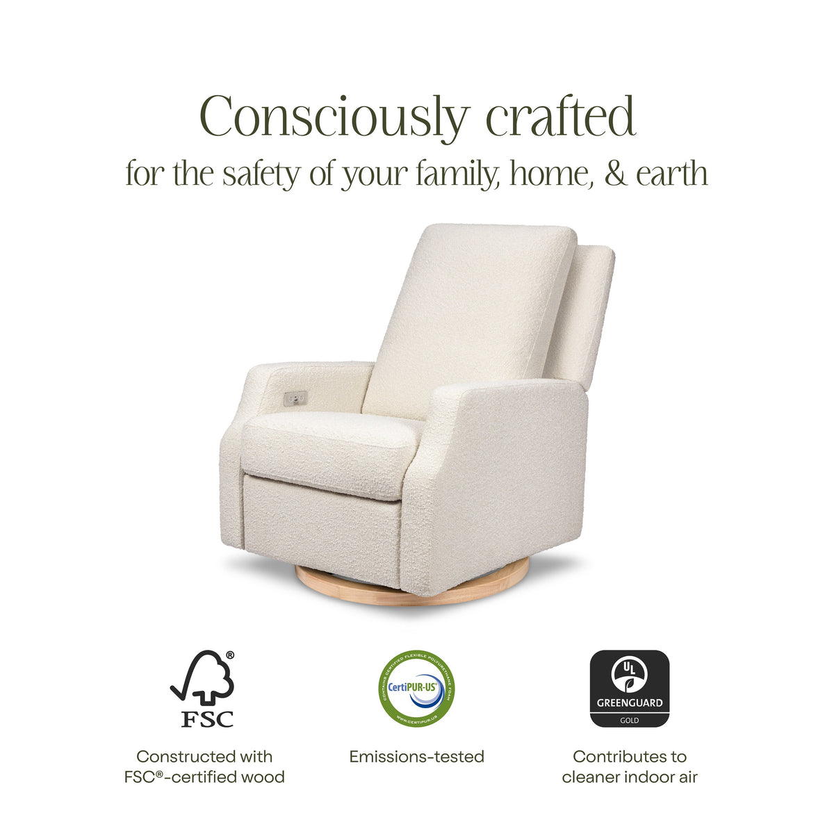 M22286WBLB,Namesake,Crewe Electronic Swivel Glider Recliner in Ivory Boucle w/Light Wood Base