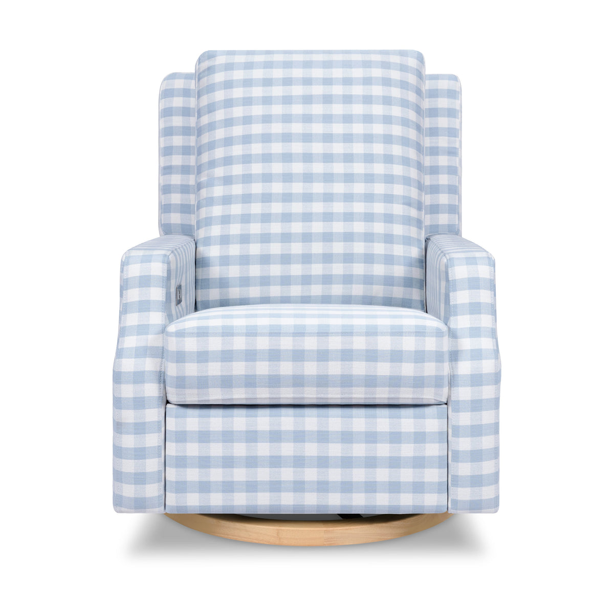 M22286BGHLB,Namesake,Crewe Electronic Swivel Glider Recliner in Blue Gingham with Light Wood Base