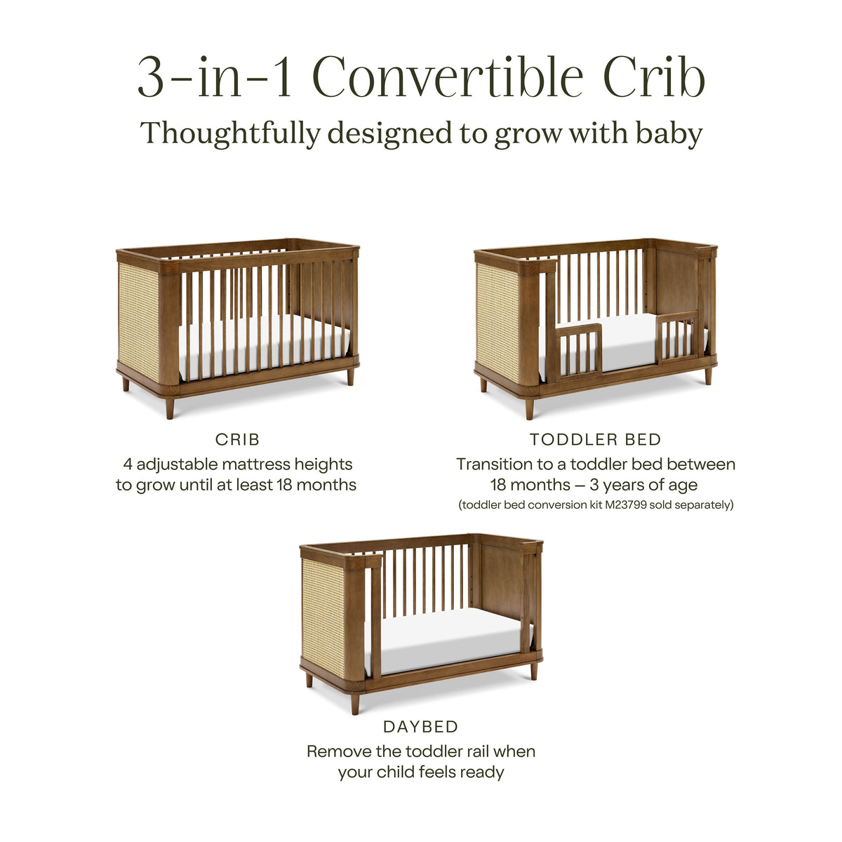 M23701NLBC,Namesake,Marin with Cane 3-in-1 Convertible Crib in Natural Walnut and Blonde Cane
