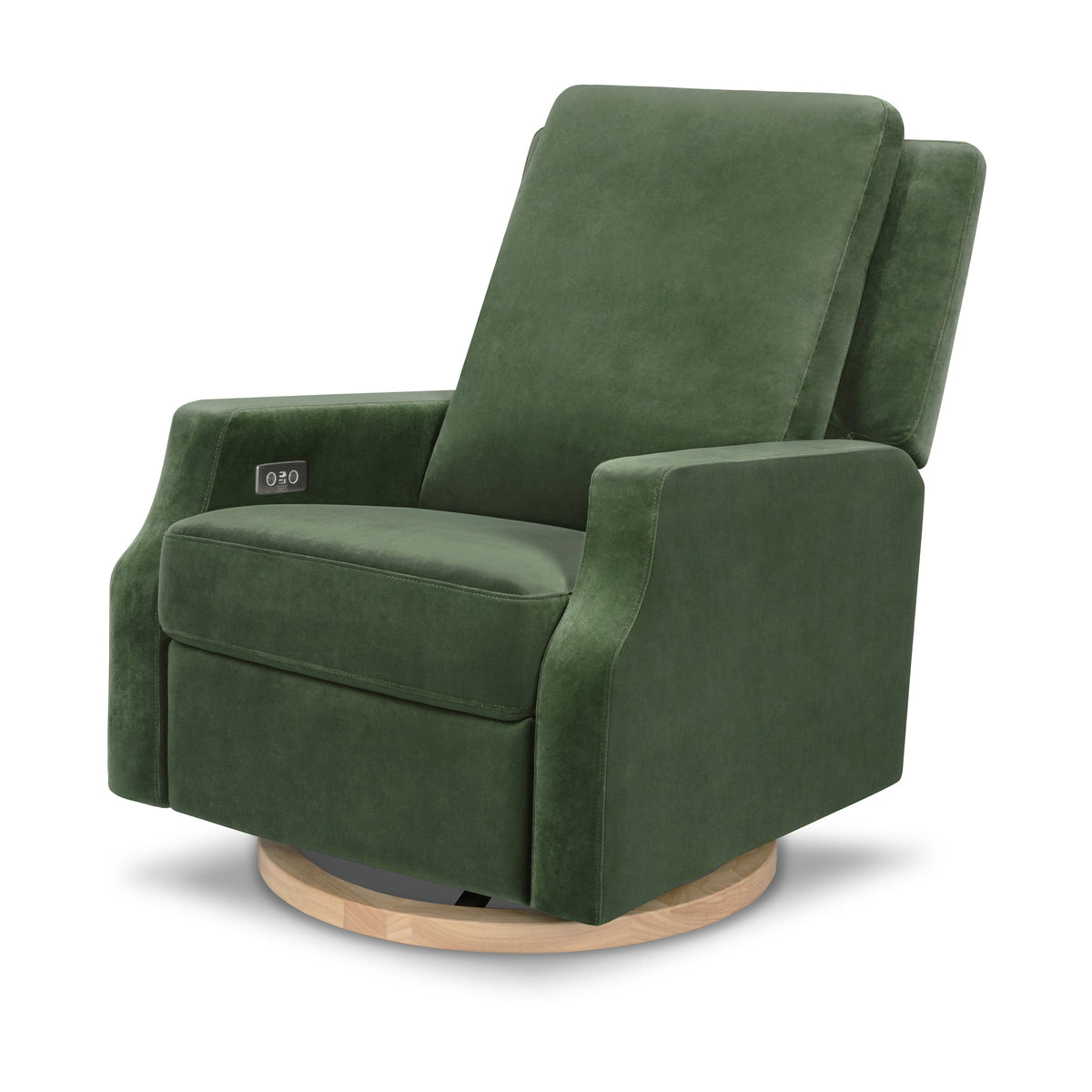 M22286FGVLB,Namesake,Crewe Electronic Swivel Glider Recliner in Forest Green Velvet w/Light Wood Base