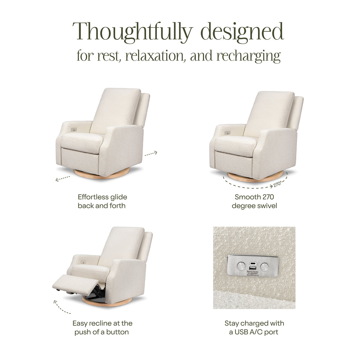 M22286WBLB,Namesake,Crewe Electronic Swivel Glider Recliner in Ivory Boucle w/Light Wood Base