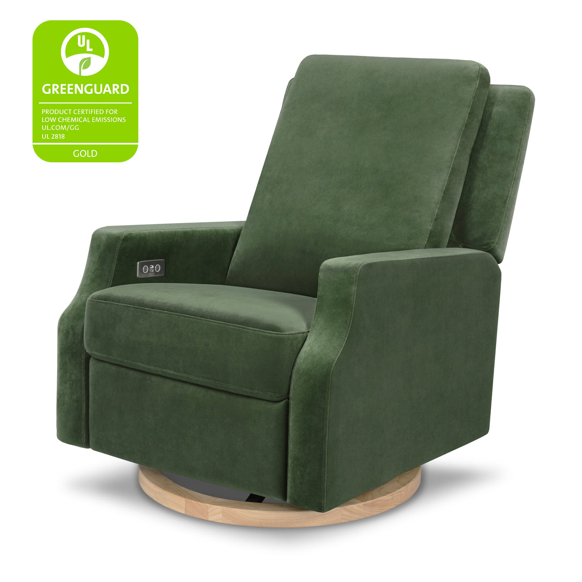 M22286FGVLB,Namesake,Crewe Electronic Swivel Glider Recliner in Forest Green Velvet w/Light Wood Base