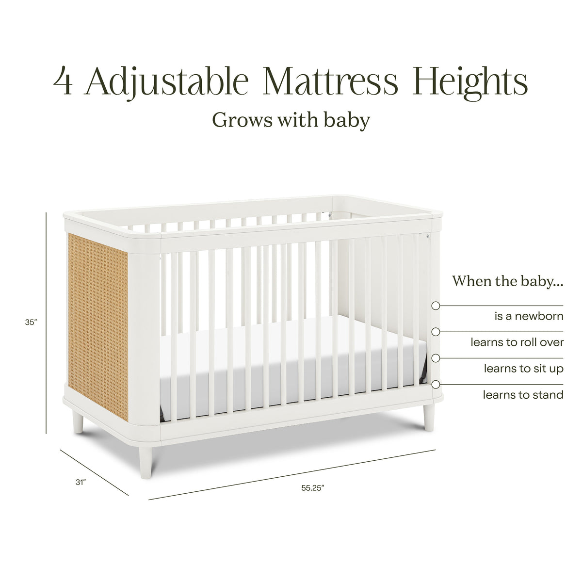 M23701RWHC,Namesake,Marin with Cane 3-in-1 Convertible Crib in Warm White and Honey Cane