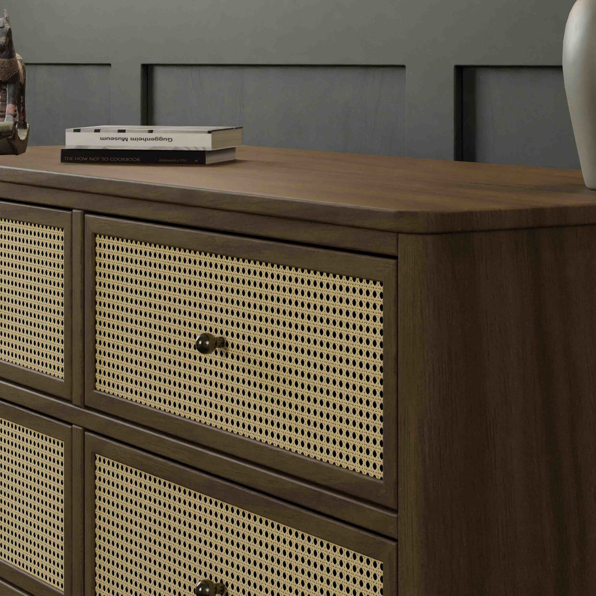 M23716NLBC,Namesake,Marin with Cane 6 Drawer Assembled Dresser in Natural Walnut and Blonde Cane