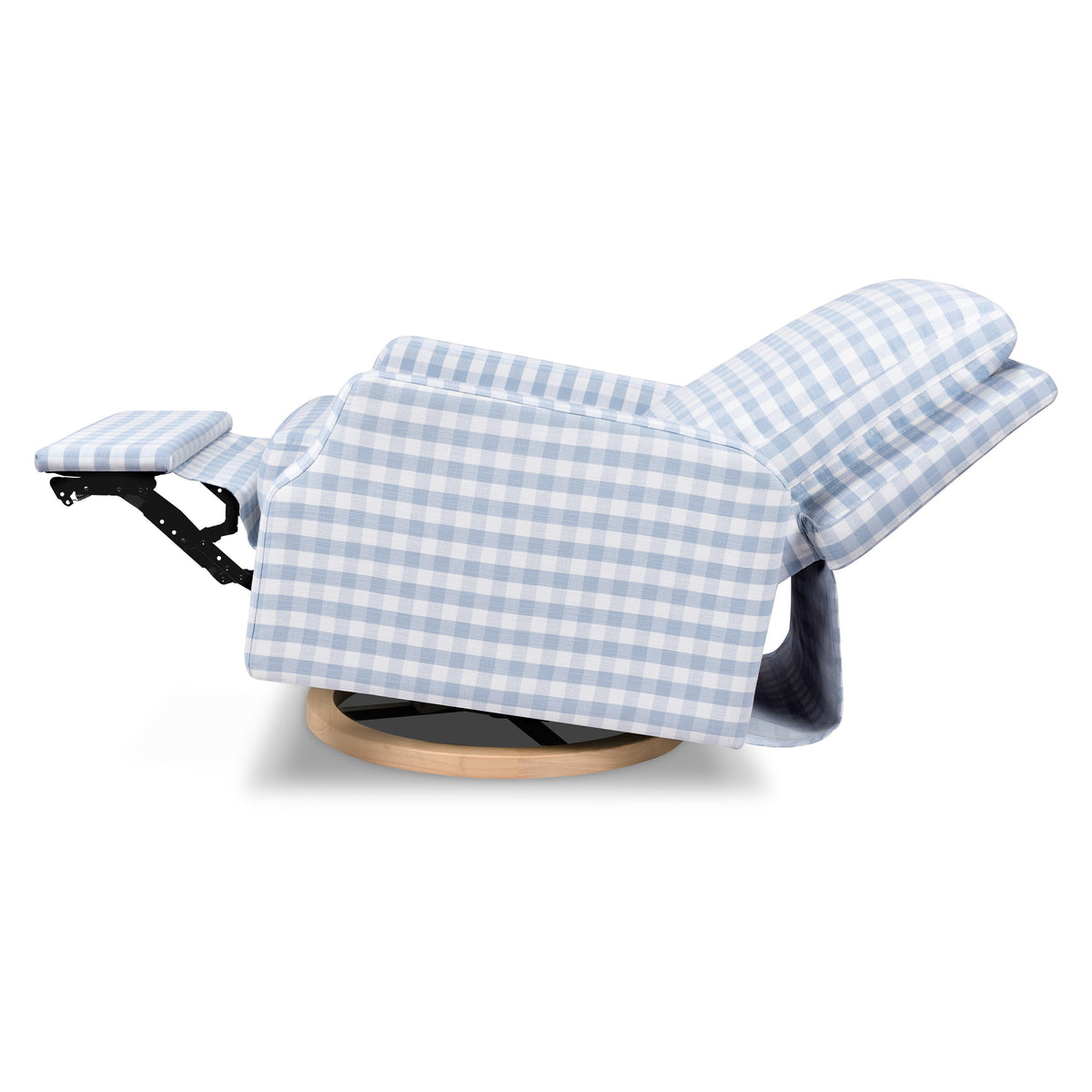 M22286BGHLB,Namesake,Crewe Electronic Swivel Glider Recliner in Blue Gingham with Light Wood Base