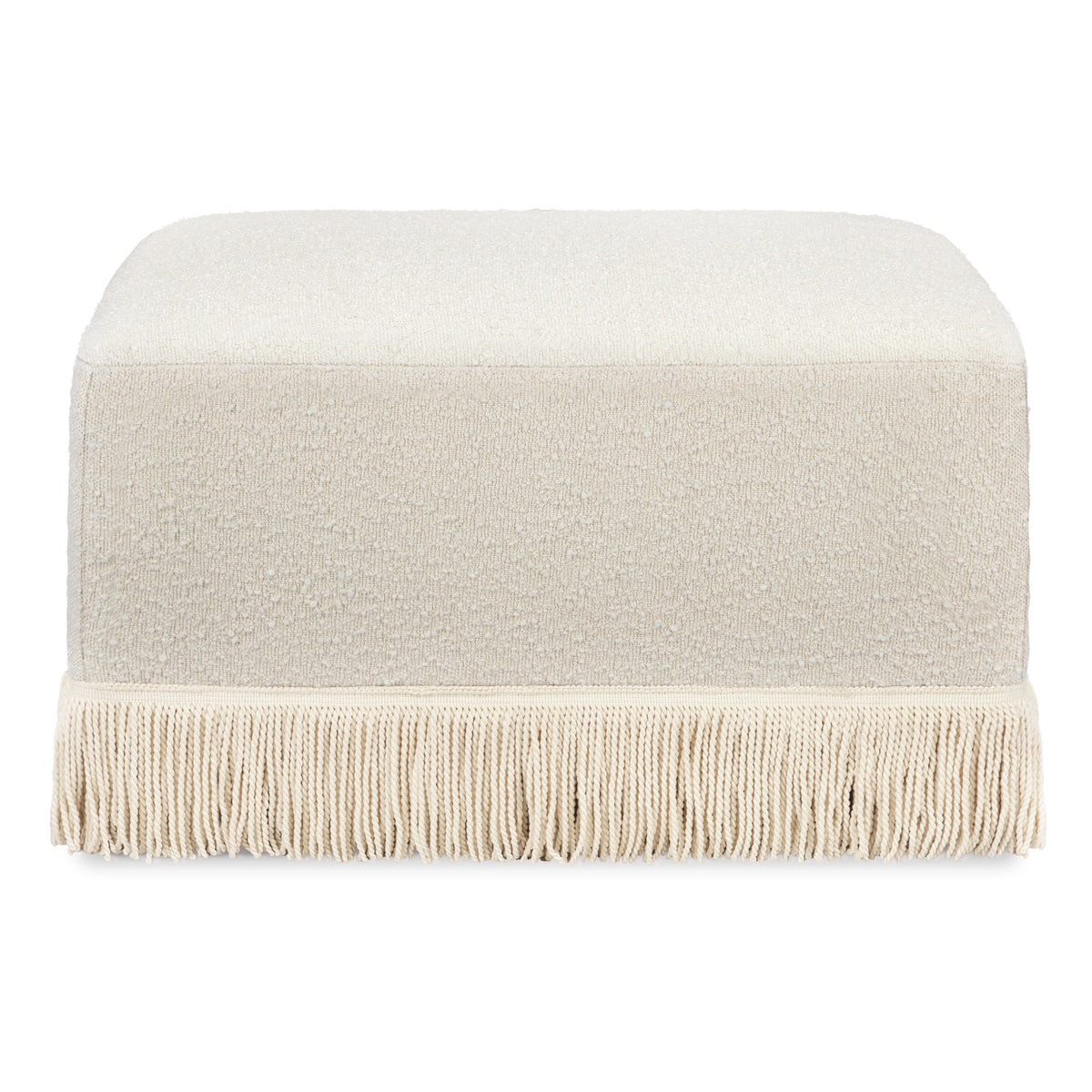 M21785WBIF,Namesake,Crawford Gliding Ottoman in Ivory Boucle with Ivory Tassel Fringe