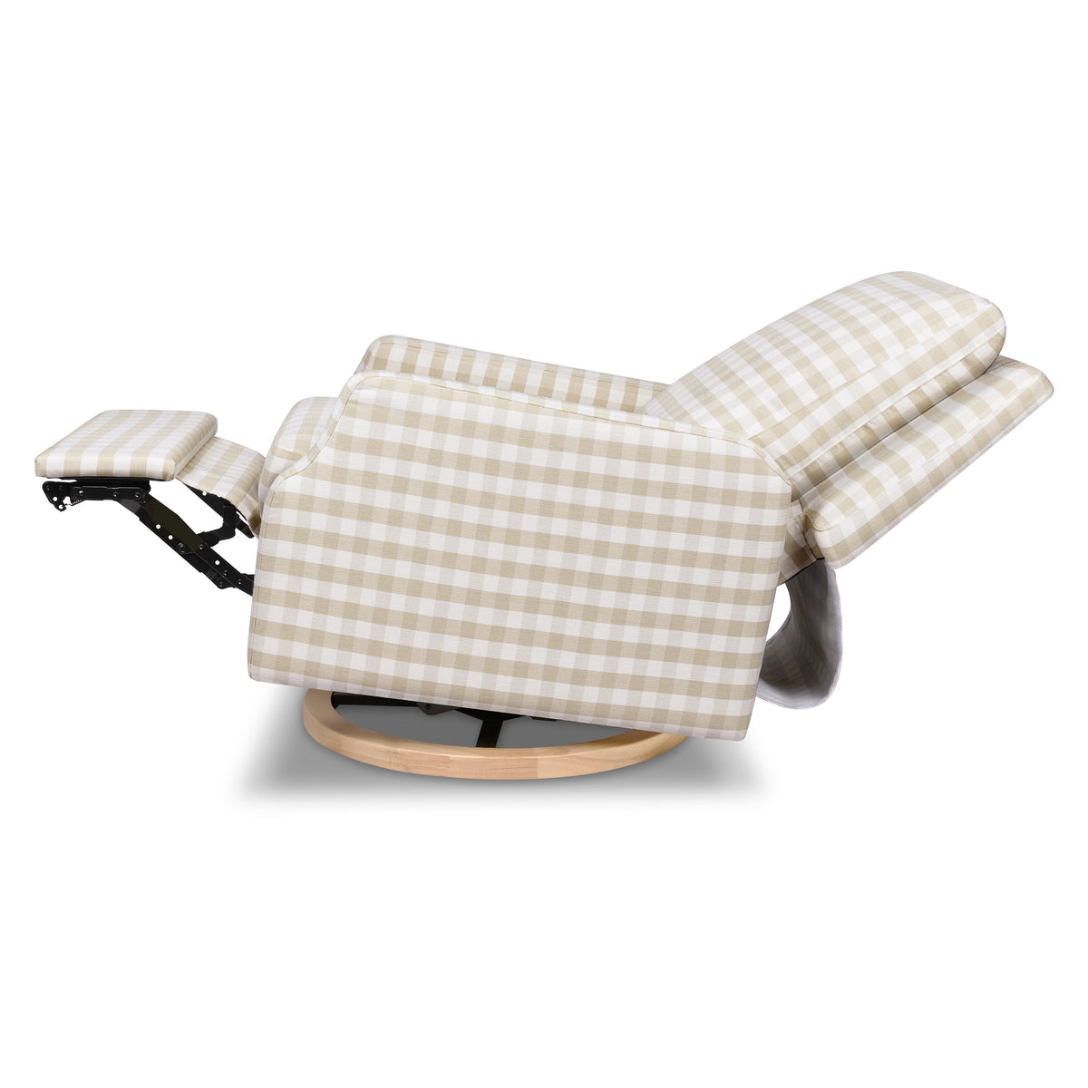 M22286TGHLB,Namesake,Crewe Electronic Swivel Glider Recliner in Tan Gingham with Light Wood Base