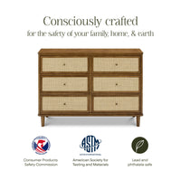M23716NLBC,Namesake,Marin with Cane 6 Drawer Assembled Dresser in Natural Walnut and Blonde Cane