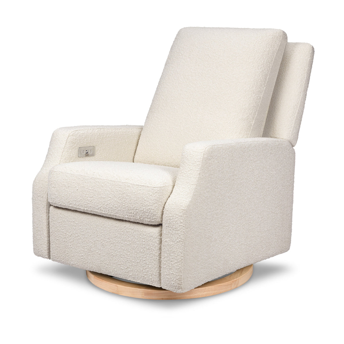 M22286WBLB,Namesake,Crewe Electronic Swivel Glider Recliner in Ivory Boucle w/Light Wood Base