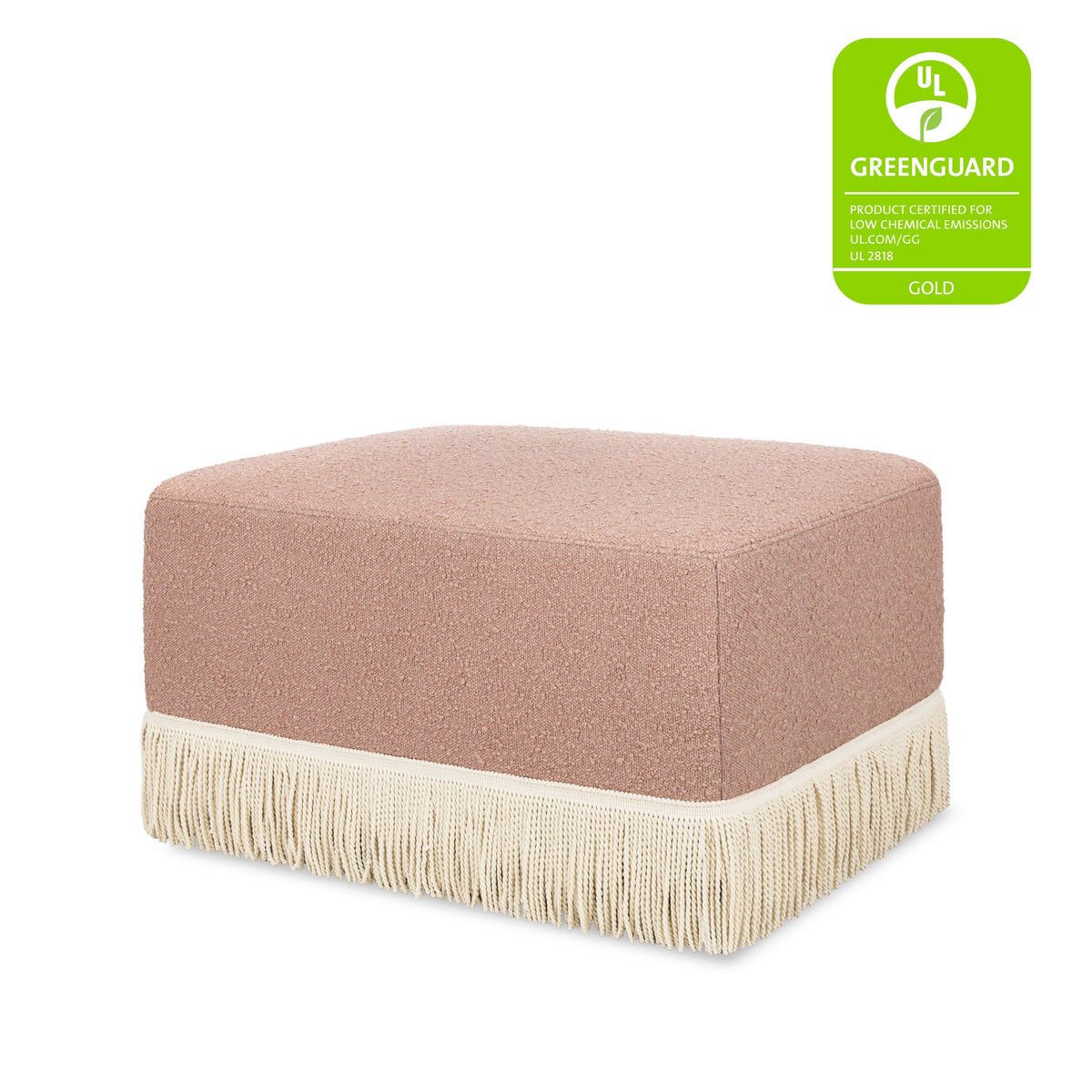 M21785RSBIF,Namesake,Crawford Gliding Ottoman in Rose Boucle with Ivory Tassel Fringe
