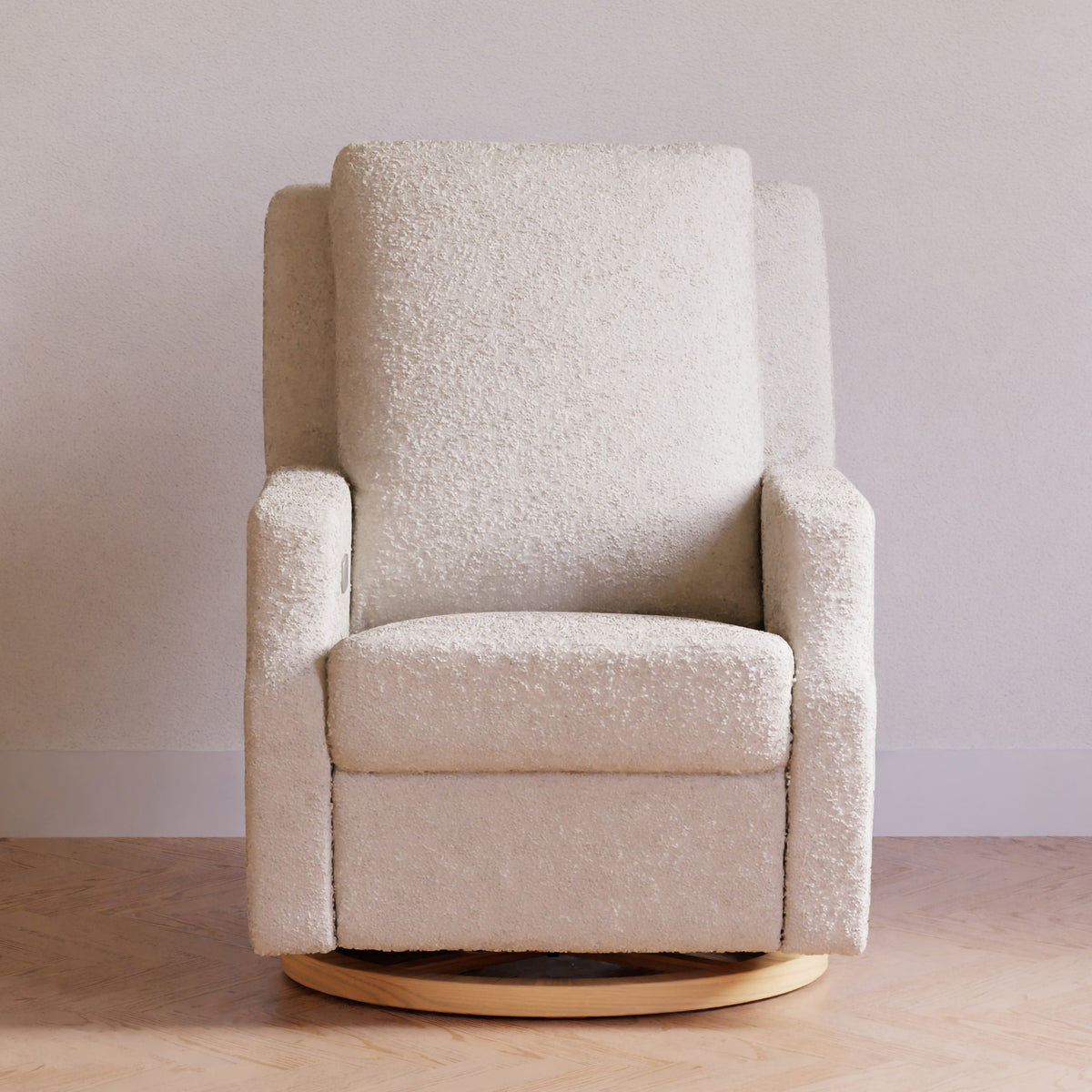 M22286WBLB,Namesake,Crewe Electronic Swivel Glider Recliner in Ivory Boucle w/Light Wood Base