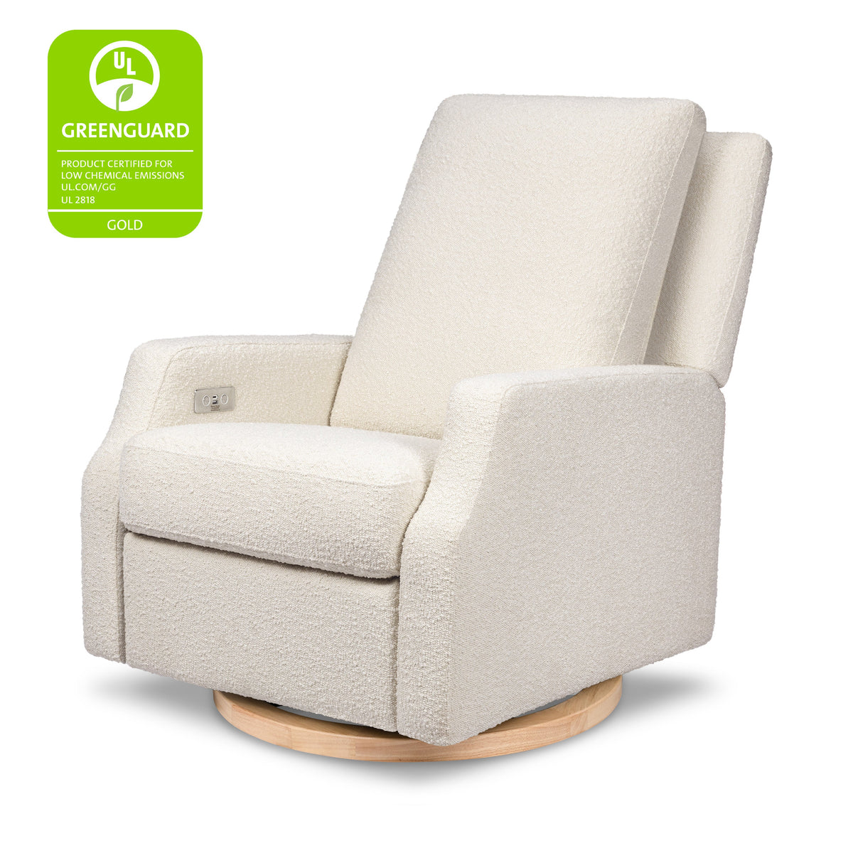 M22286WBLB,Namesake,Crewe Electronic Swivel Glider Recliner in Ivory Boucle w/Light Wood Base