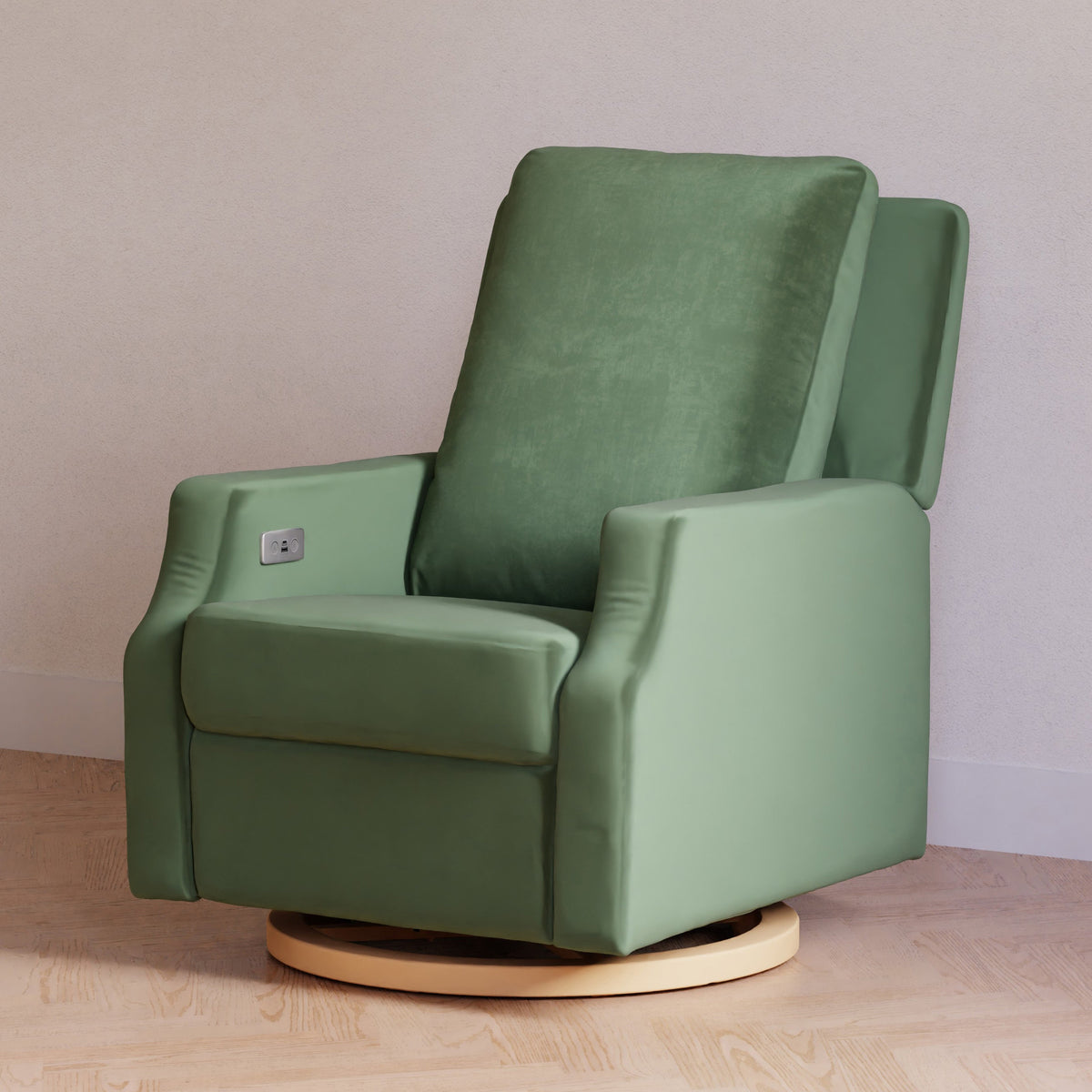M22286FGVLB,Namesake,Crewe Electronic Swivel Glider Recliner in Forest Green Velvet w/Light Wood Base