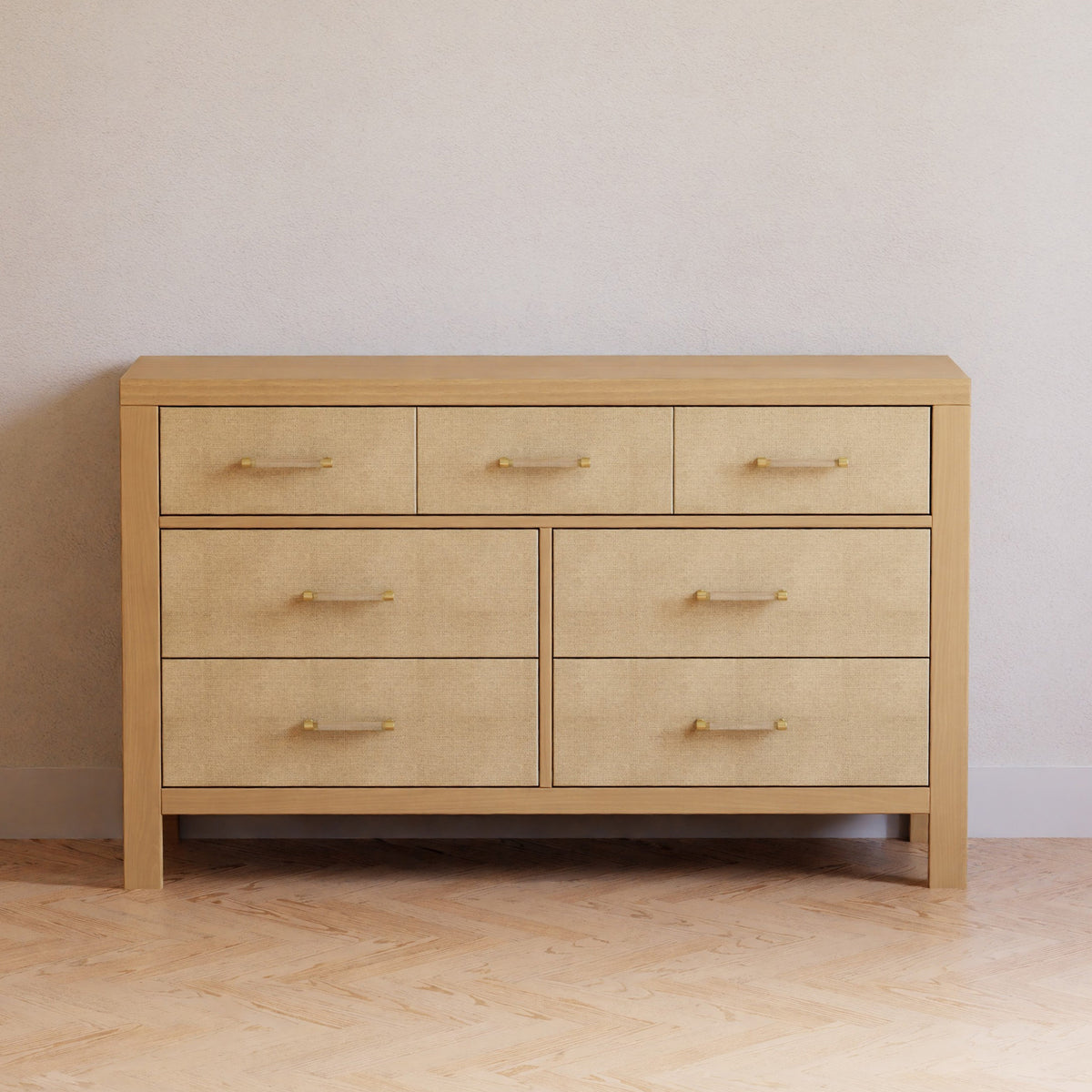 M24816HYPSEW,Namesake,Eloise 7-Drawer Assembled Dresser in Honey & Performance Sand Eco-Weave