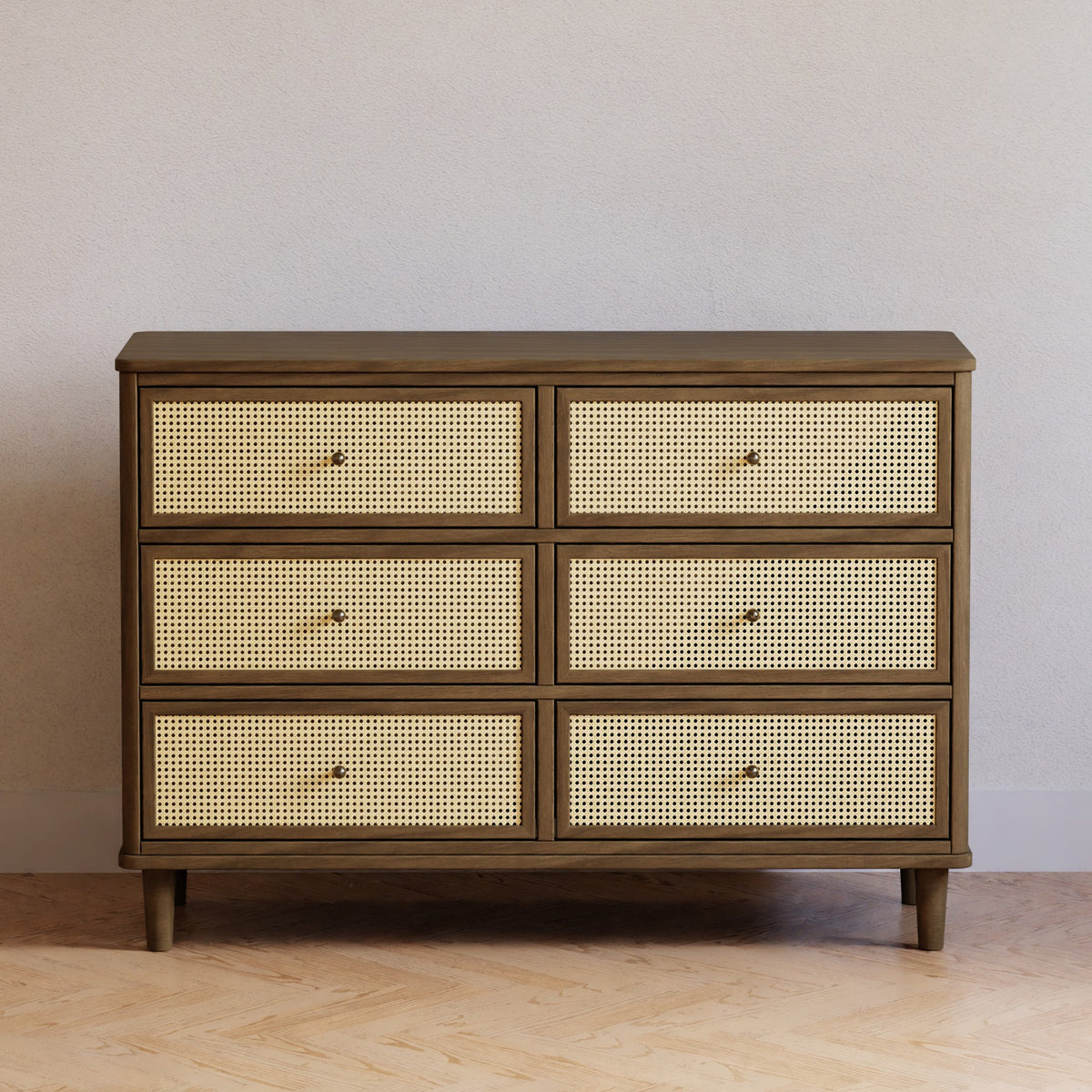 M23716NLBC,Namesake,Marin with Cane 6 Drawer Assembled Dresser in Natural Walnut and Blonde Cane