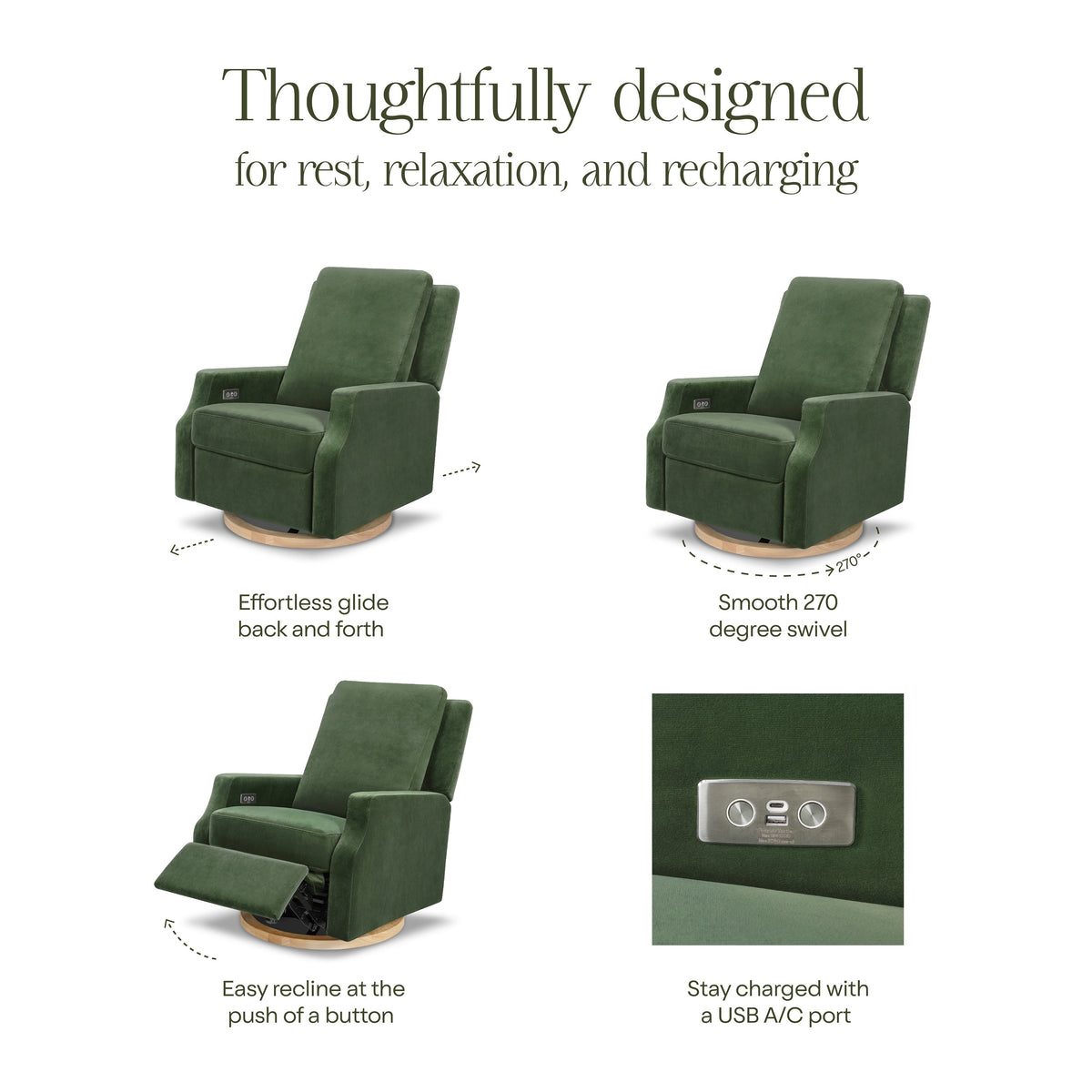 M22286FGVLB,Namesake,Crewe Electronic Swivel Glider Recliner in Forest Green Velvet w/Light Wood Base