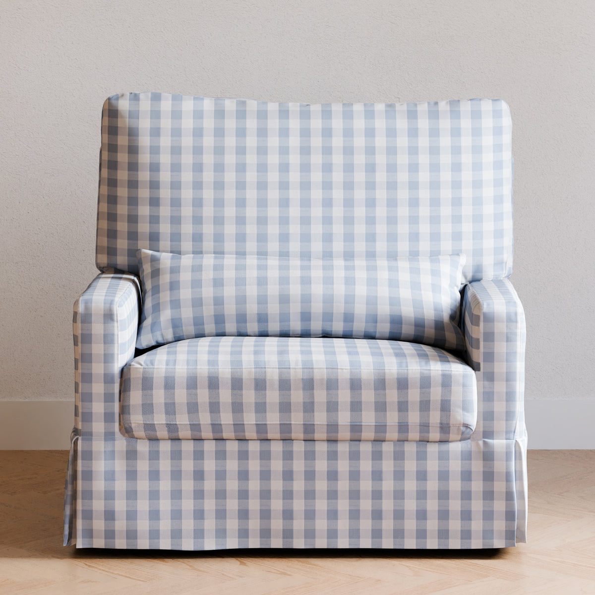 M21797BGH,Namesake,Crawford Chair and a Half Pillowback Swivel Glider in Blue Gingham
