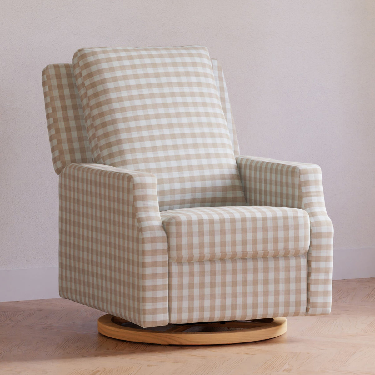 M22286TGHLB,Namesake,Crewe Electronic Swivel Glider Recliner in Tan Gingham with Light Wood Base
