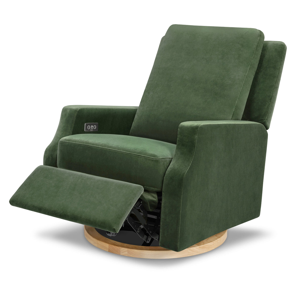 M22286FGVLB,Namesake,Crewe Electronic Swivel Glider Recliner in Forest Green Velvet w/Light Wood Base