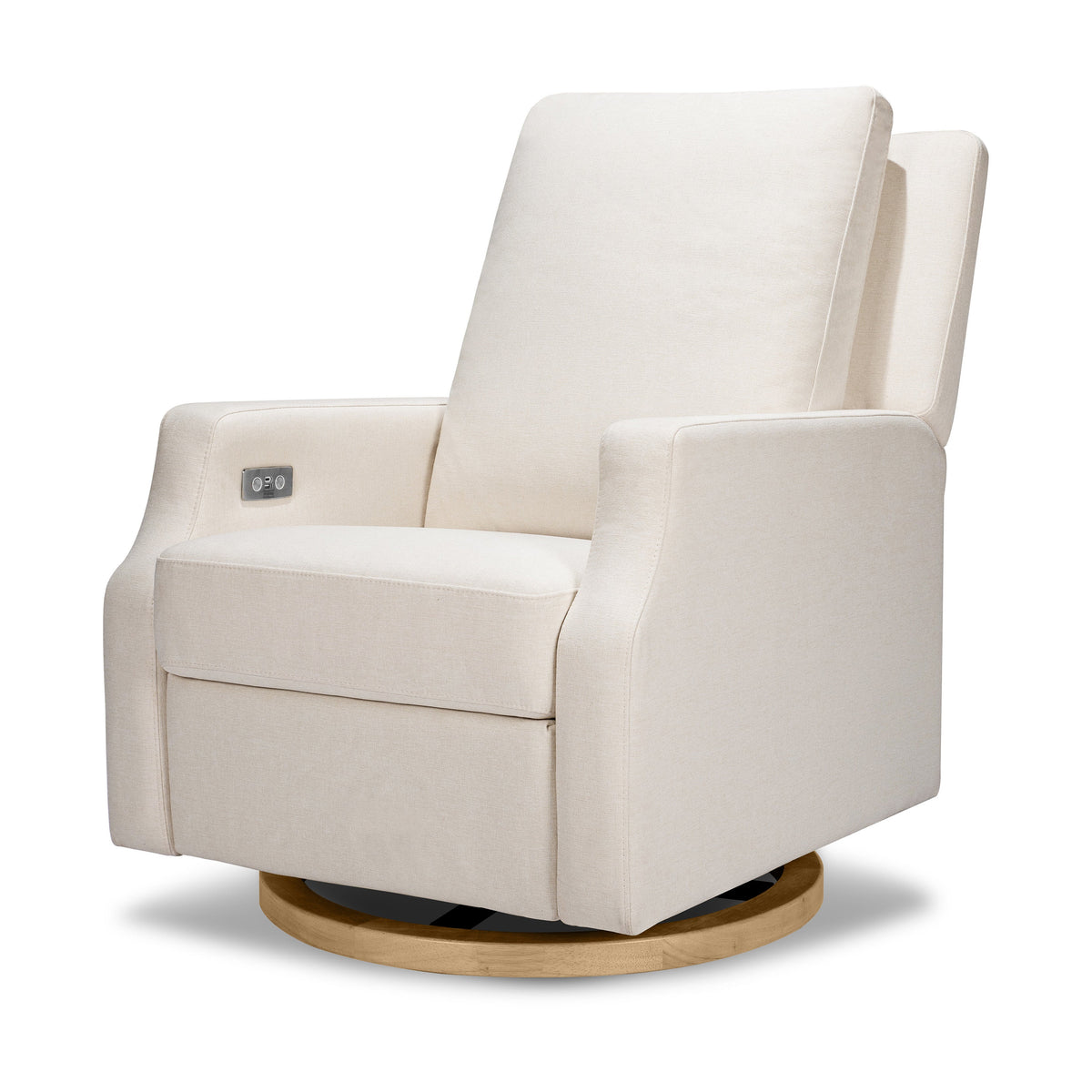 M22286PCMEWLB,Namesake,Crewe Electronic Swivel Glider Recliner in Performance Cream Eco-Weave w/Light Wood Base