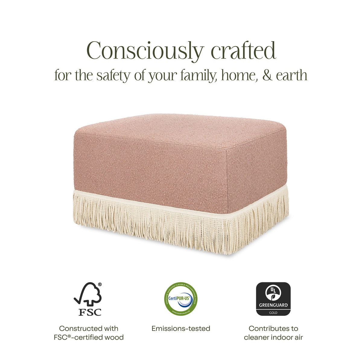 M21785RSBIF,Namesake,Crawford Gliding Ottoman in Rose Boucle with Ivory Tassel Fringe