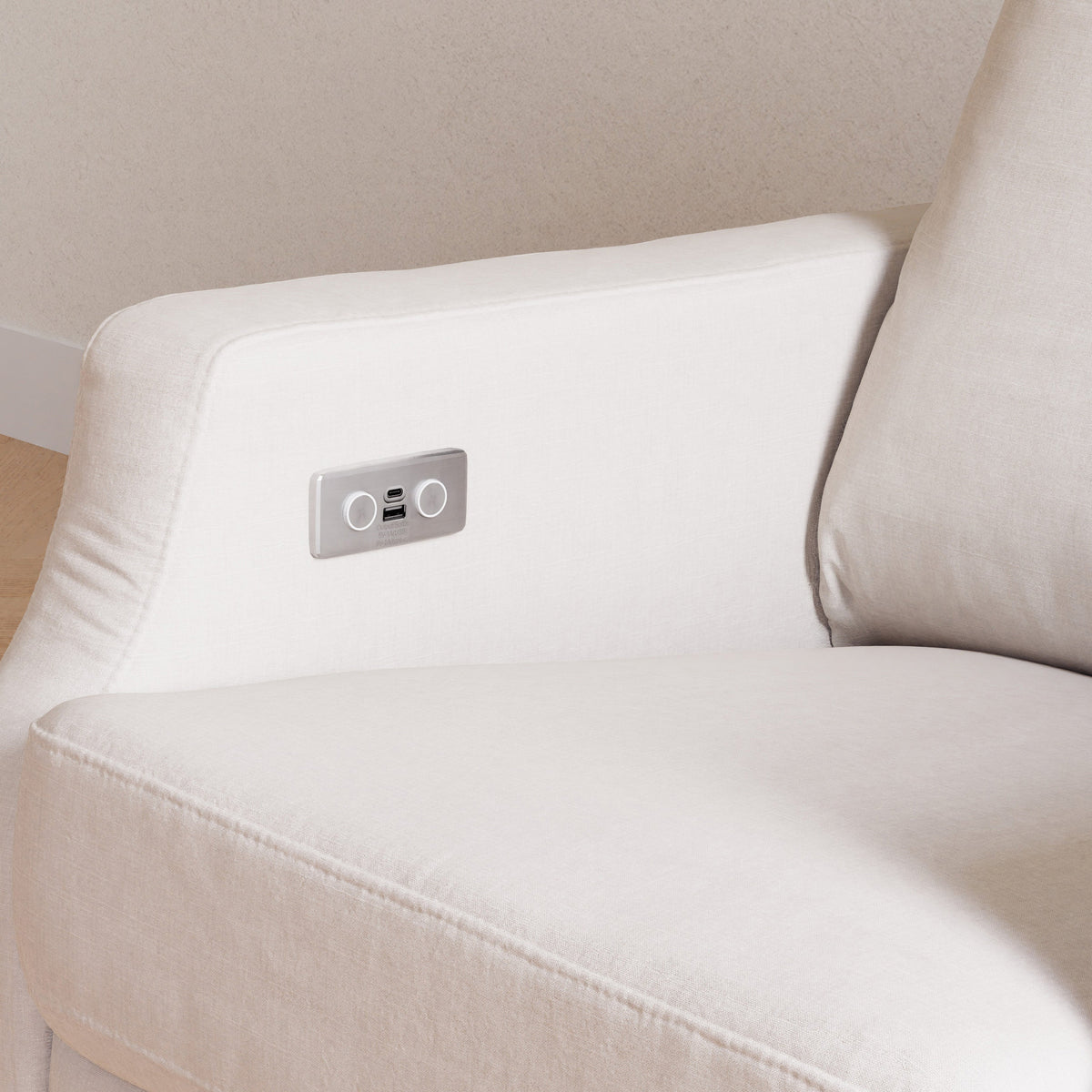 M22286PCMEWLB,Namesake,Crewe Electronic Swivel Glider Recliner in Performance Cream Eco-Weave w/Light Wood Base