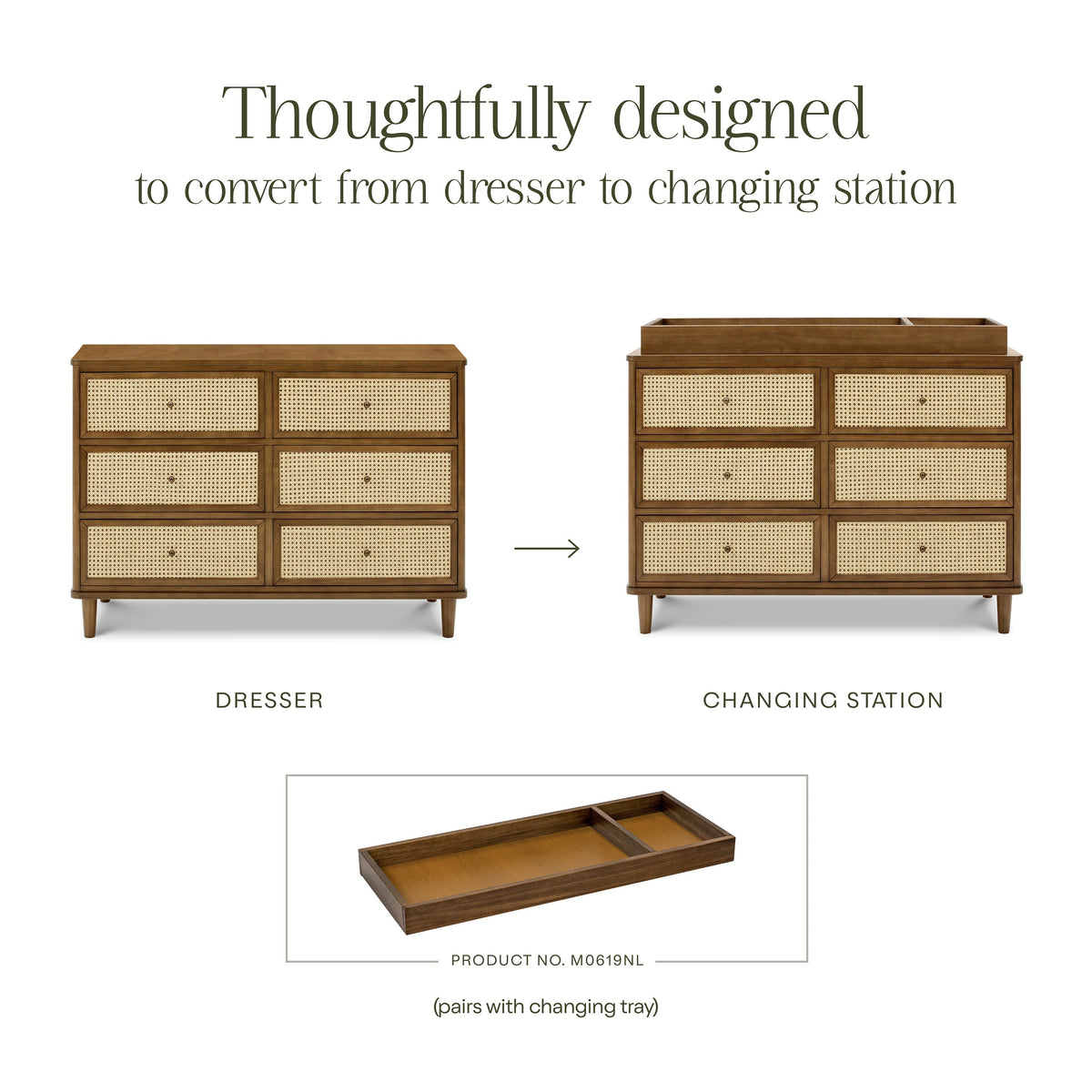 M23716NLBC,Namesake,Marin with Cane 6 Drawer Assembled Dresser in Natural Walnut and Blonde Cane