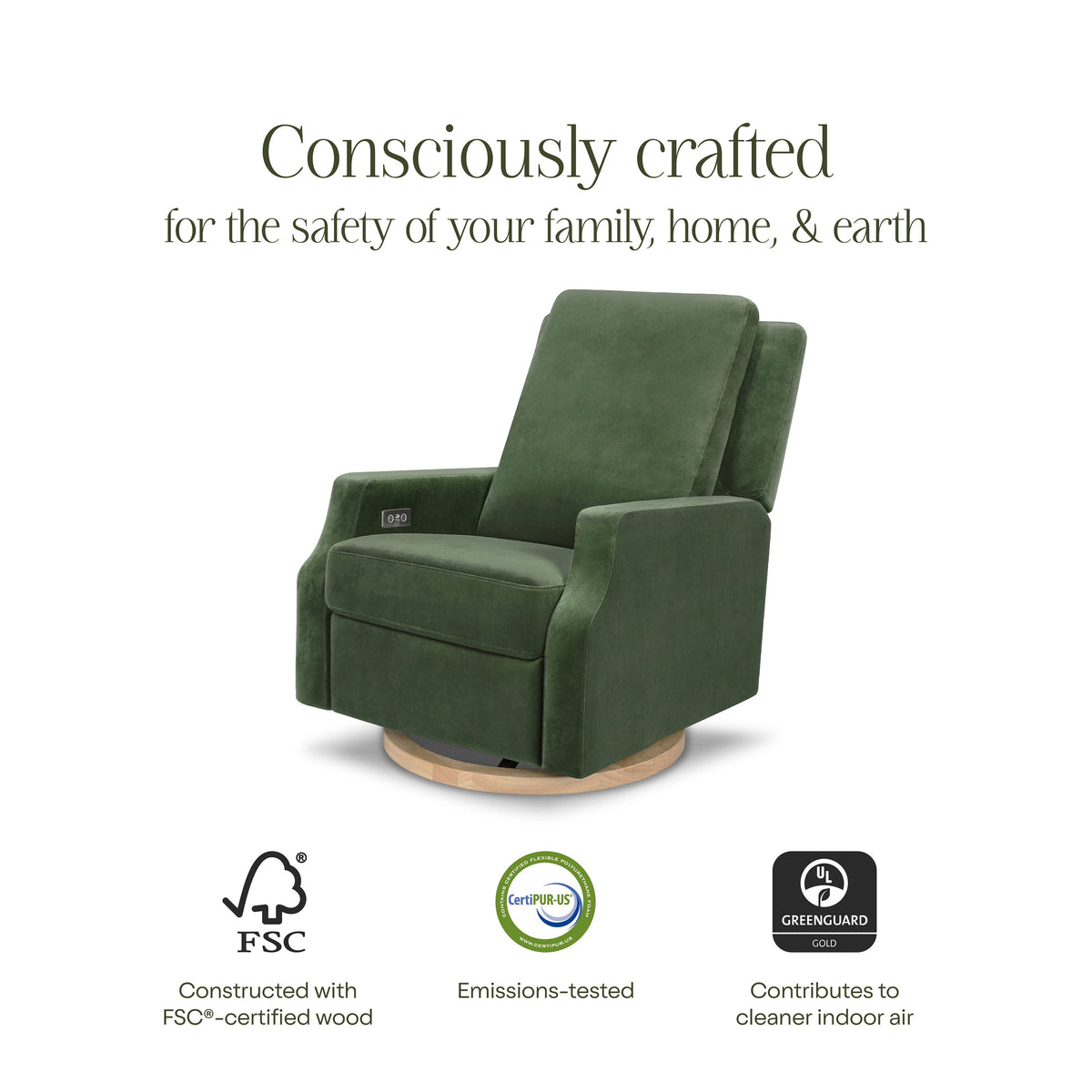 M22286FGVLB,Namesake,Crewe Electronic Swivel Glider Recliner in Forest Green Velvet w/Light Wood Base
