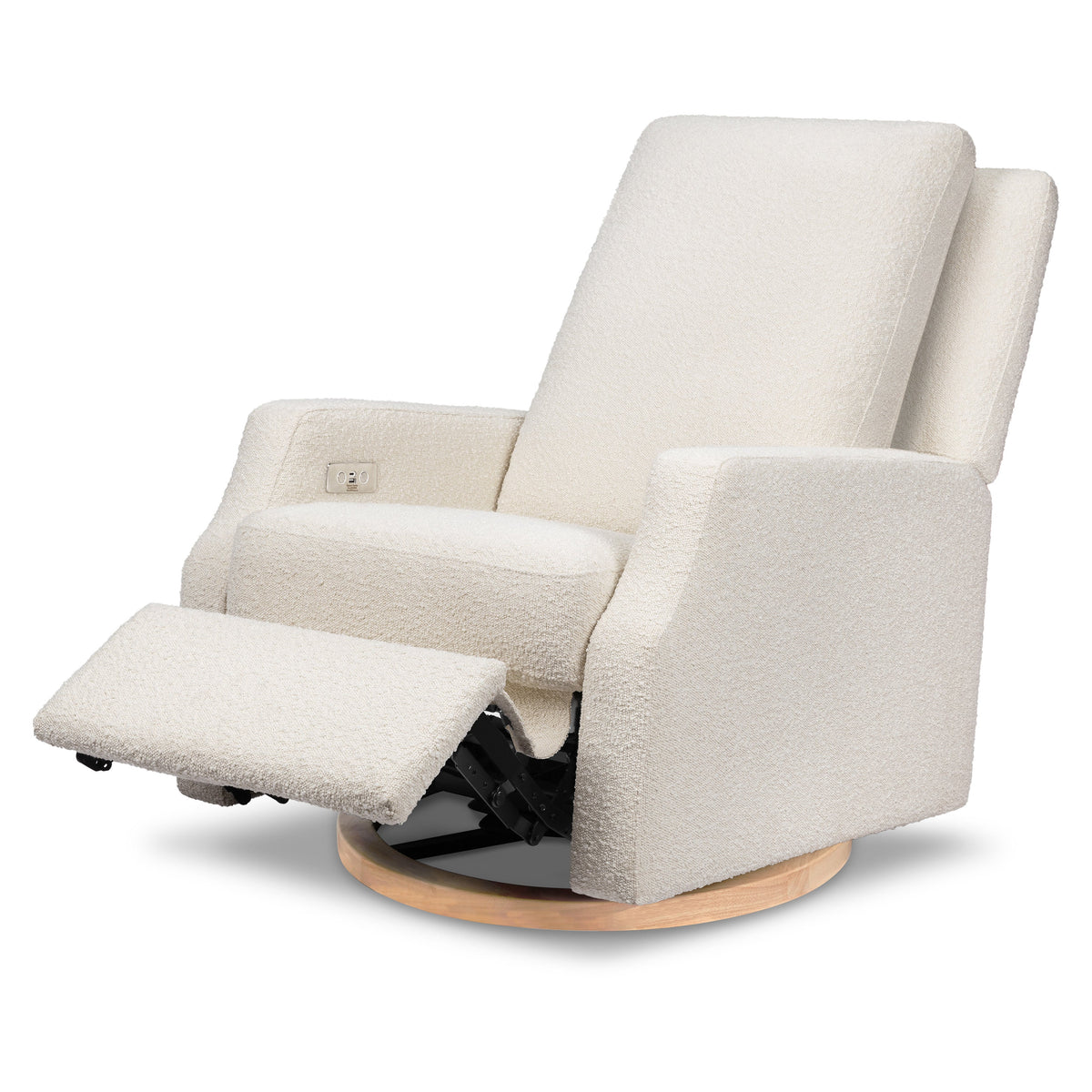 M22286WBLB,Namesake,Crewe Electronic Swivel Glider Recliner in Ivory Boucle w/Light Wood Base