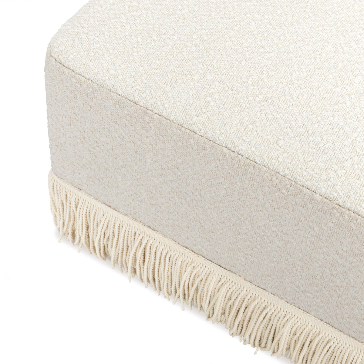 M21785WBIF,Namesake,Crawford Gliding Ottoman in Ivory Boucle with Ivory Tassel Fringe