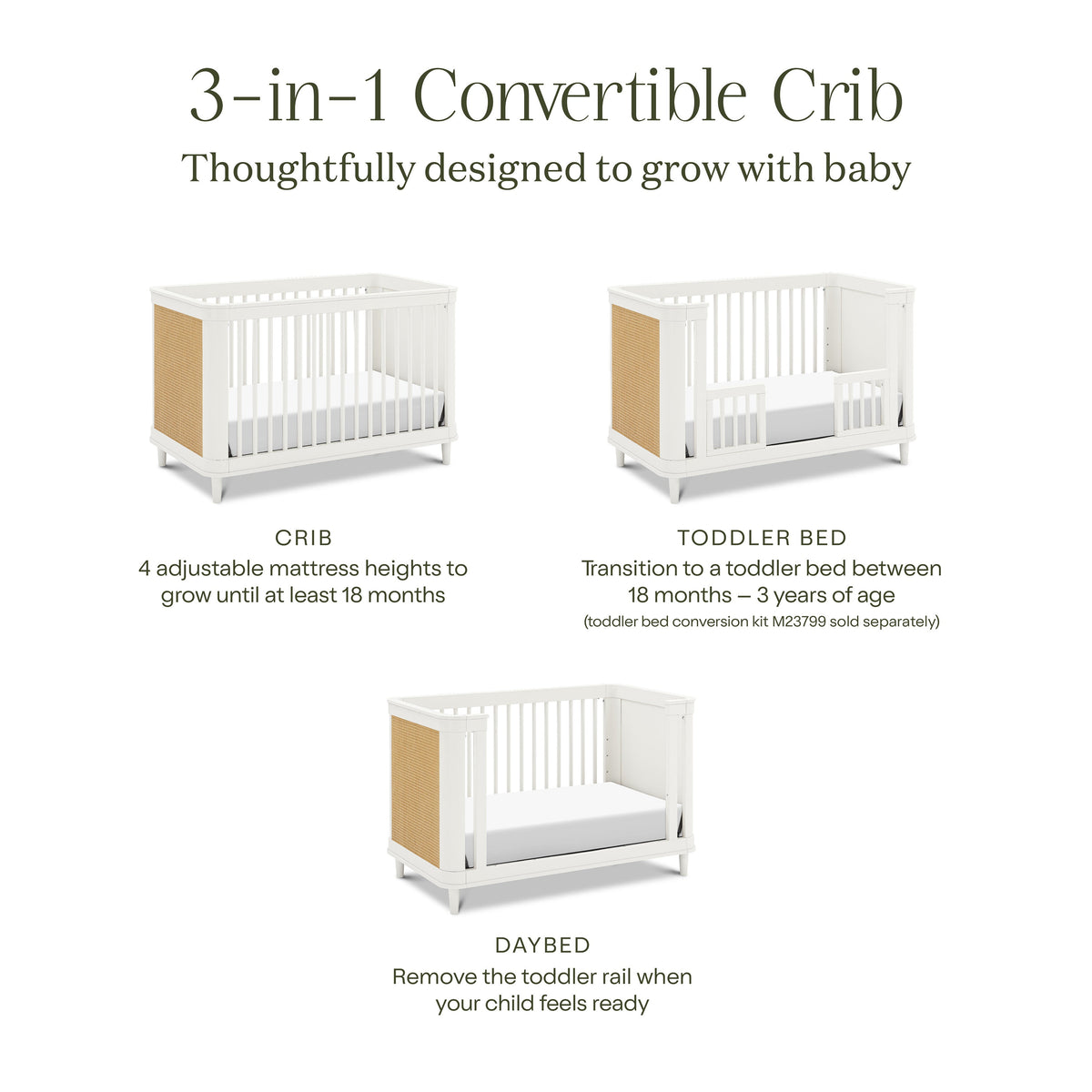 M23701RWHC,Namesake,Marin with Cane 3-in-1 Convertible Crib in Warm White and Honey Cane