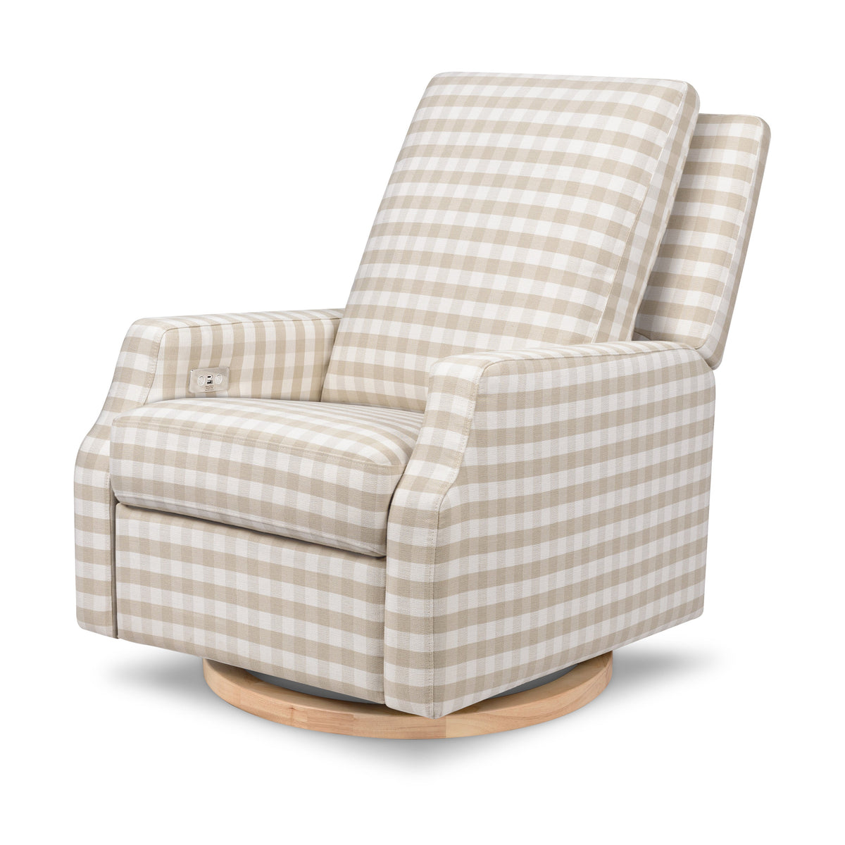 M22286TGHLB,Namesake,Crewe Electronic Swivel Glider Recliner in Tan Gingham with Light Wood Base