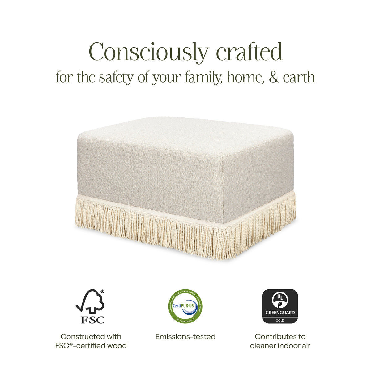 M21785WBIF,Namesake,Crawford Gliding Ottoman in Ivory Boucle with Ivory Tassel Fringe